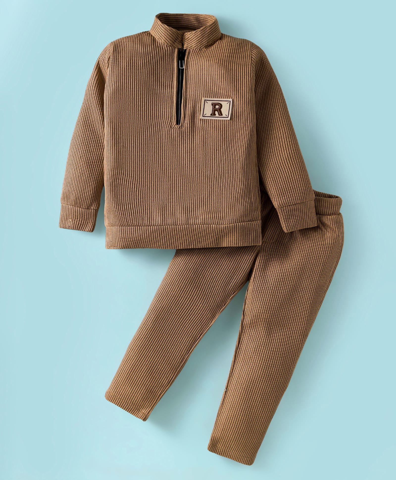 Rikidoos Full Sleeves R Text Patch Detailed Coordinating Pullover & Joggers Set - Brown-picture-11
