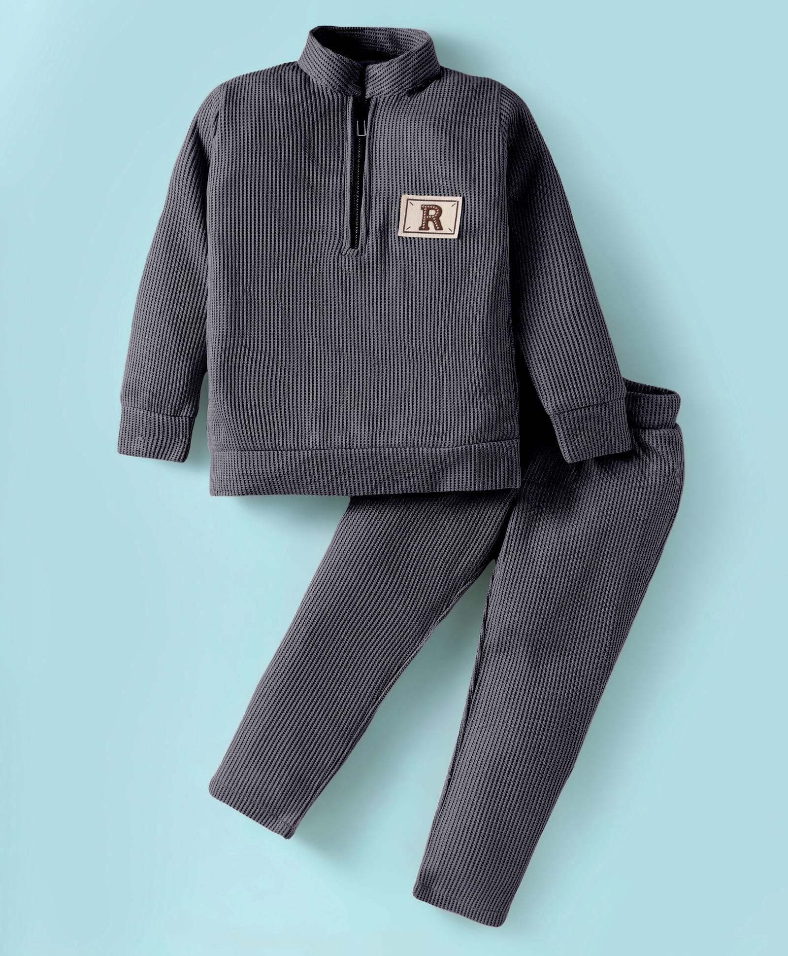 Rikidoos Full Sleeves R Text Patch Detailed Coordinating Pullover & Joggers Set - Grey-picture-14