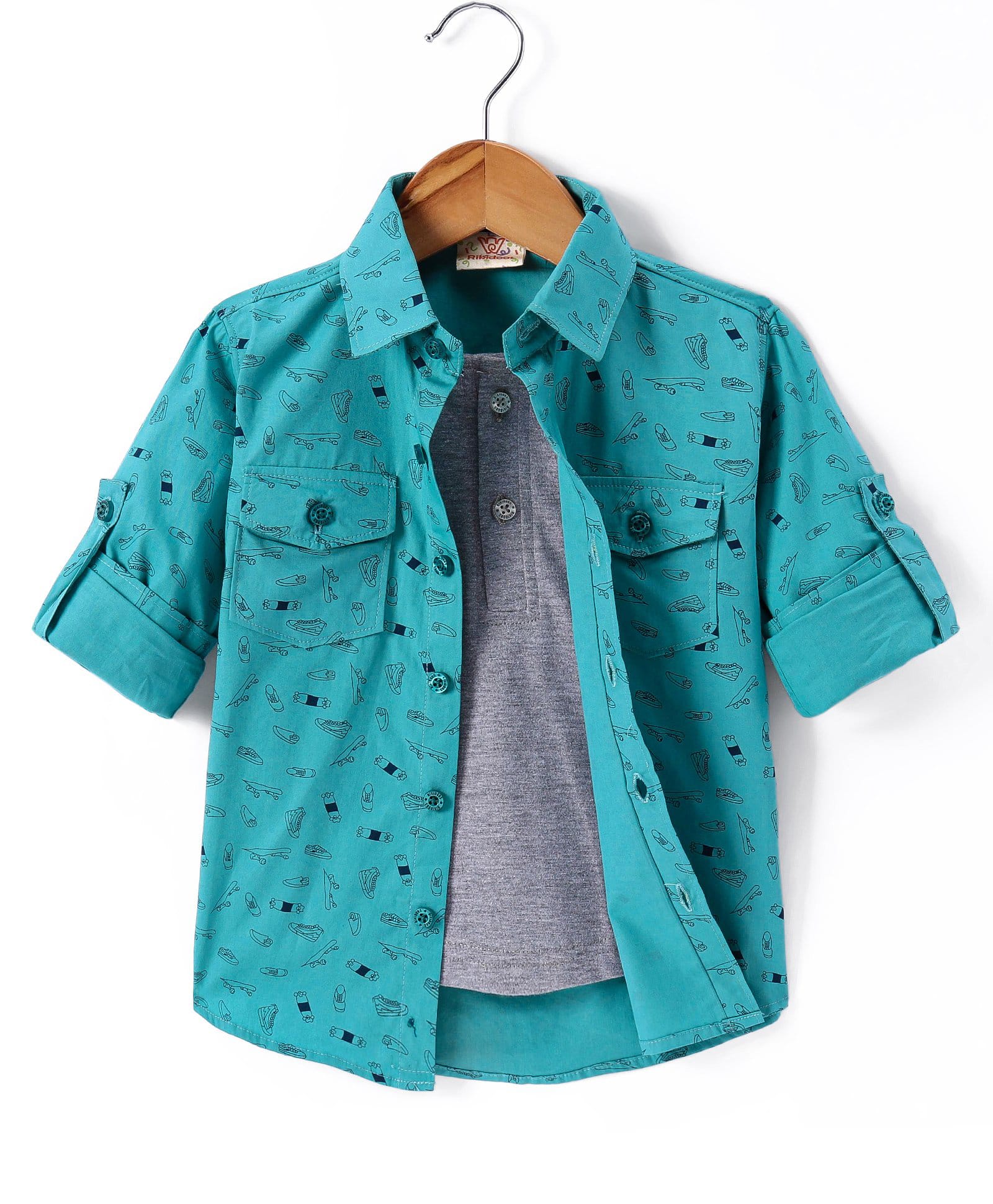 Rikidoos Full Sleeves Skateboard Printed Shirt With Attached Tee - Green & Melange-image-15