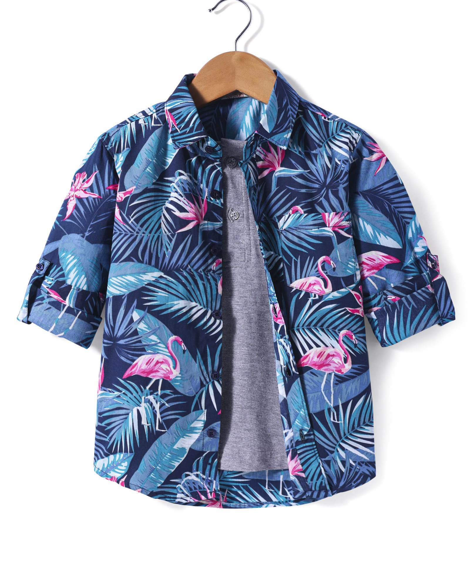 Rikidoos Full Sleeves Flamingoes Printed Shirt With Attached Tee - Blue & Grey-picture-25