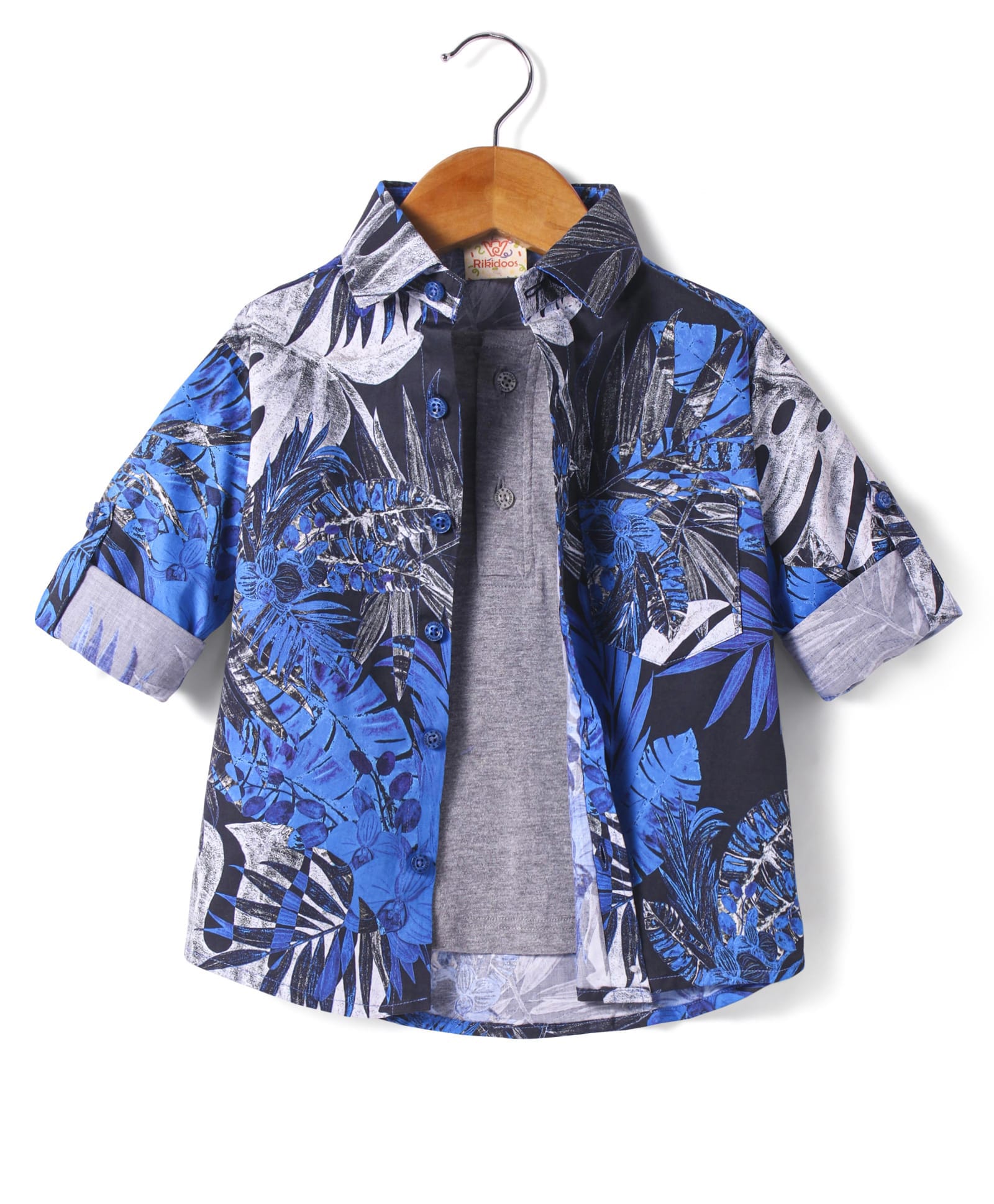 Rikidoos Full Sleeves Leaves Printed Shirt With Attached Tee - Blue & Grey-picture-0