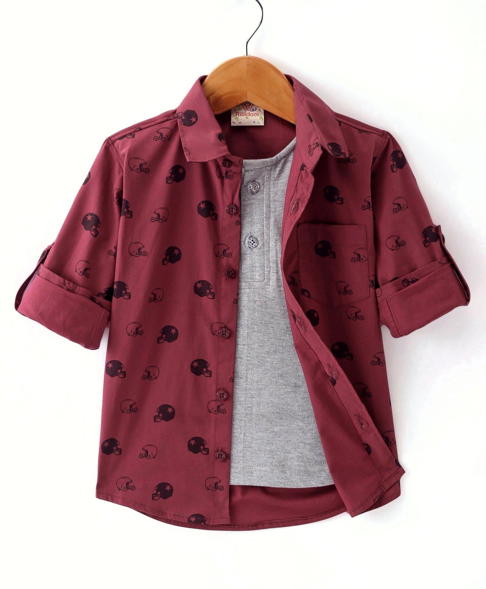Rikidoos Full Sleeves American Football Helmet Printed Shirt With Attached Tee - Maroon & Melange-image-8