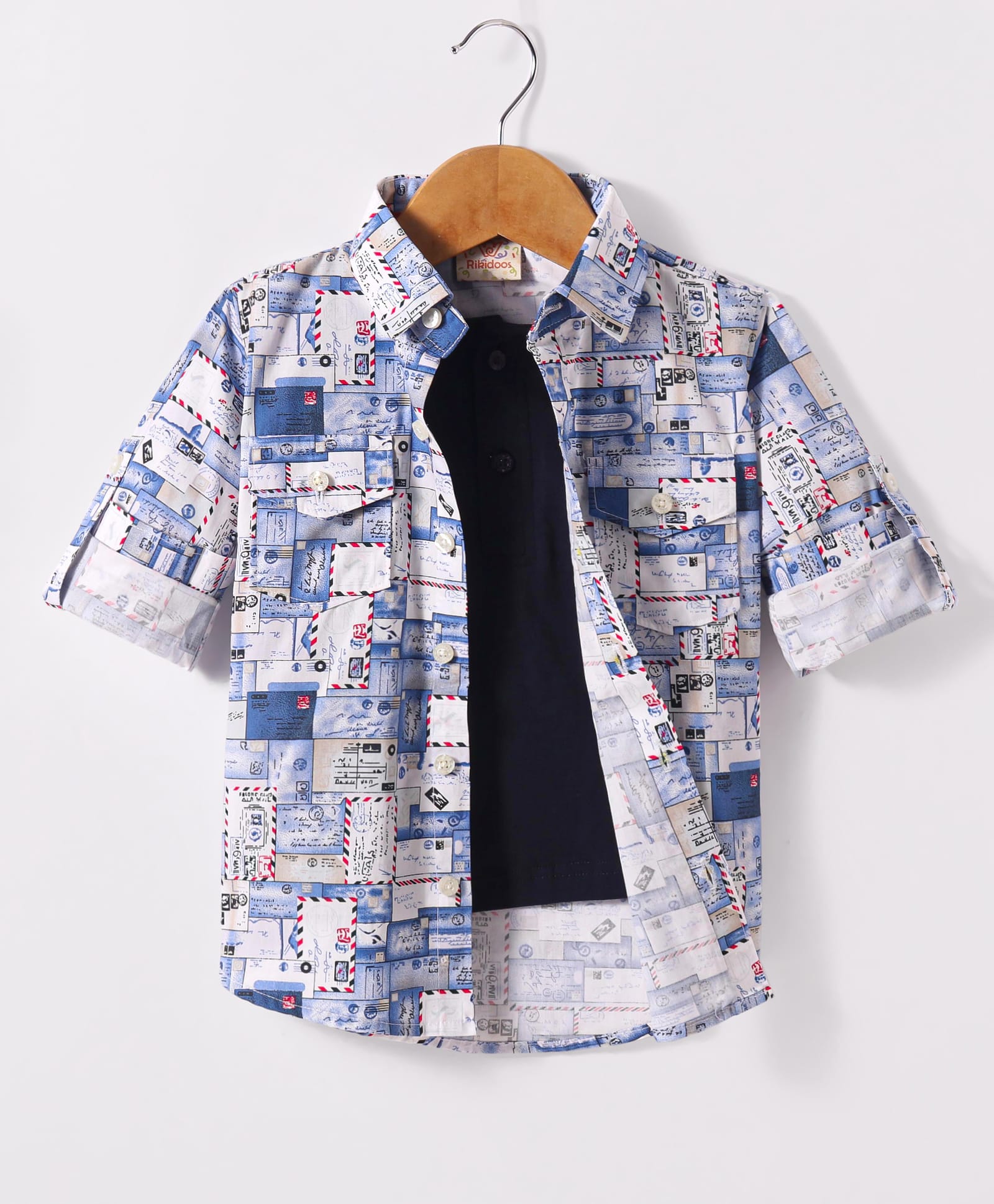Rikidoos Full Sleeves Letters Printed Shirt With Attached Tee - Light Blue & Black-picture-21