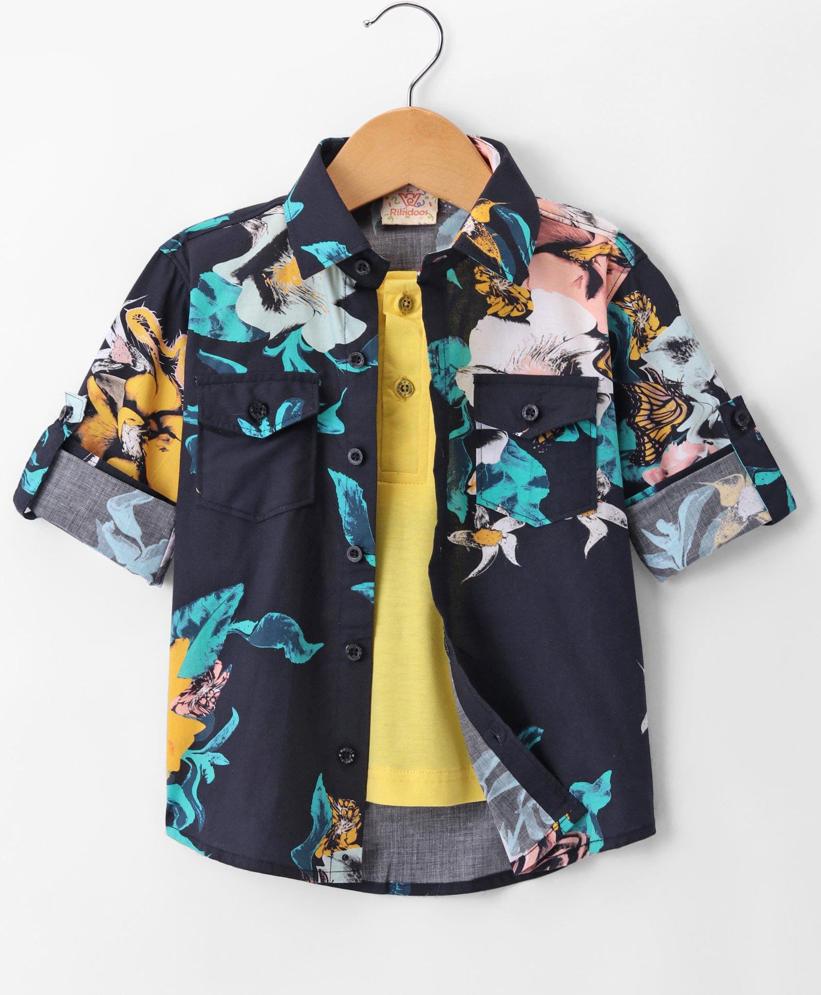 Rikidoos Full Sleeves Floral & Butterfly Printed Shirt With Attached Tee - Navy Blue & Grey-image-47