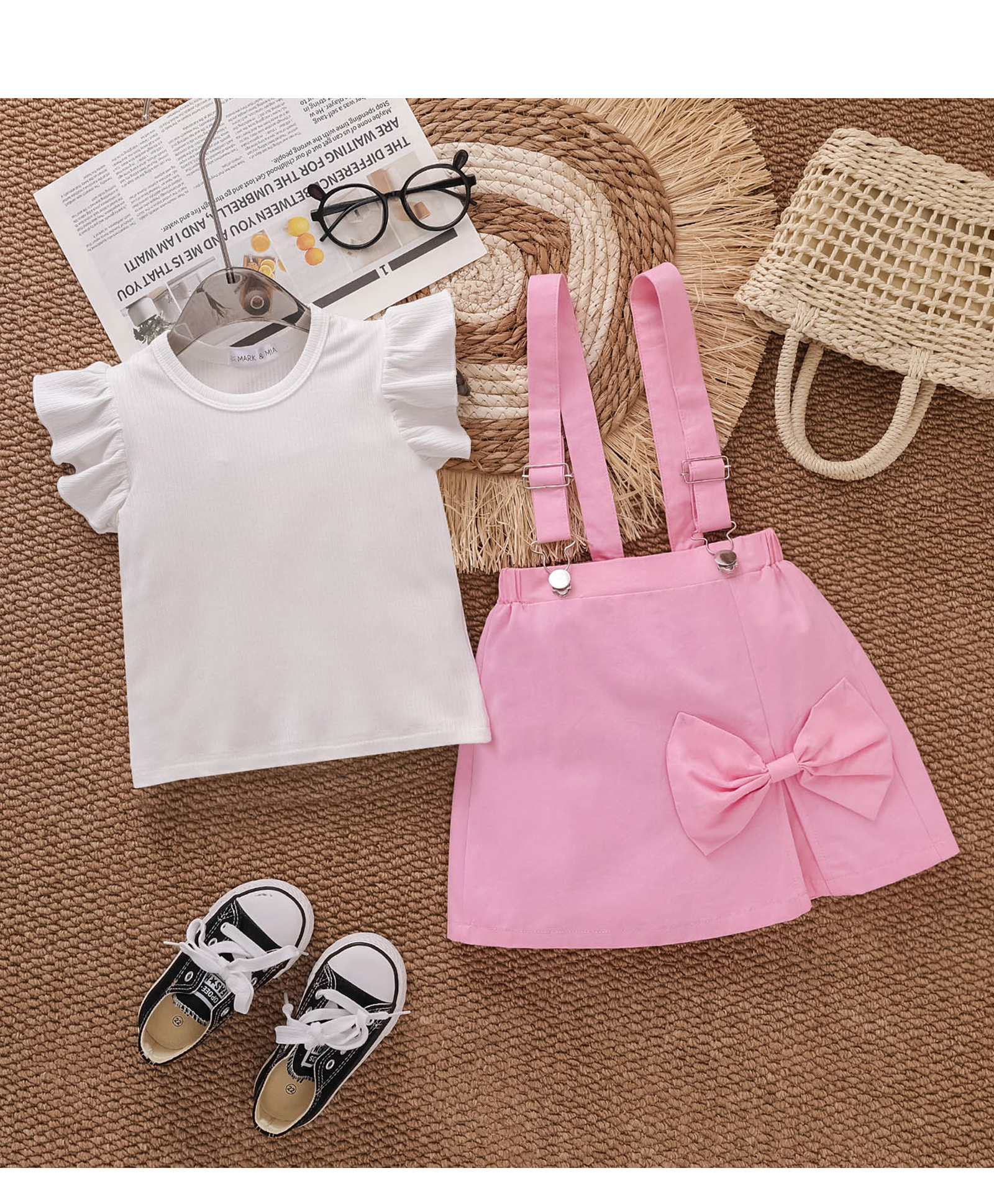 Mark & Mia Cotton Sleeveless Solid Top & Skirt Set - White & Pink-image-10
