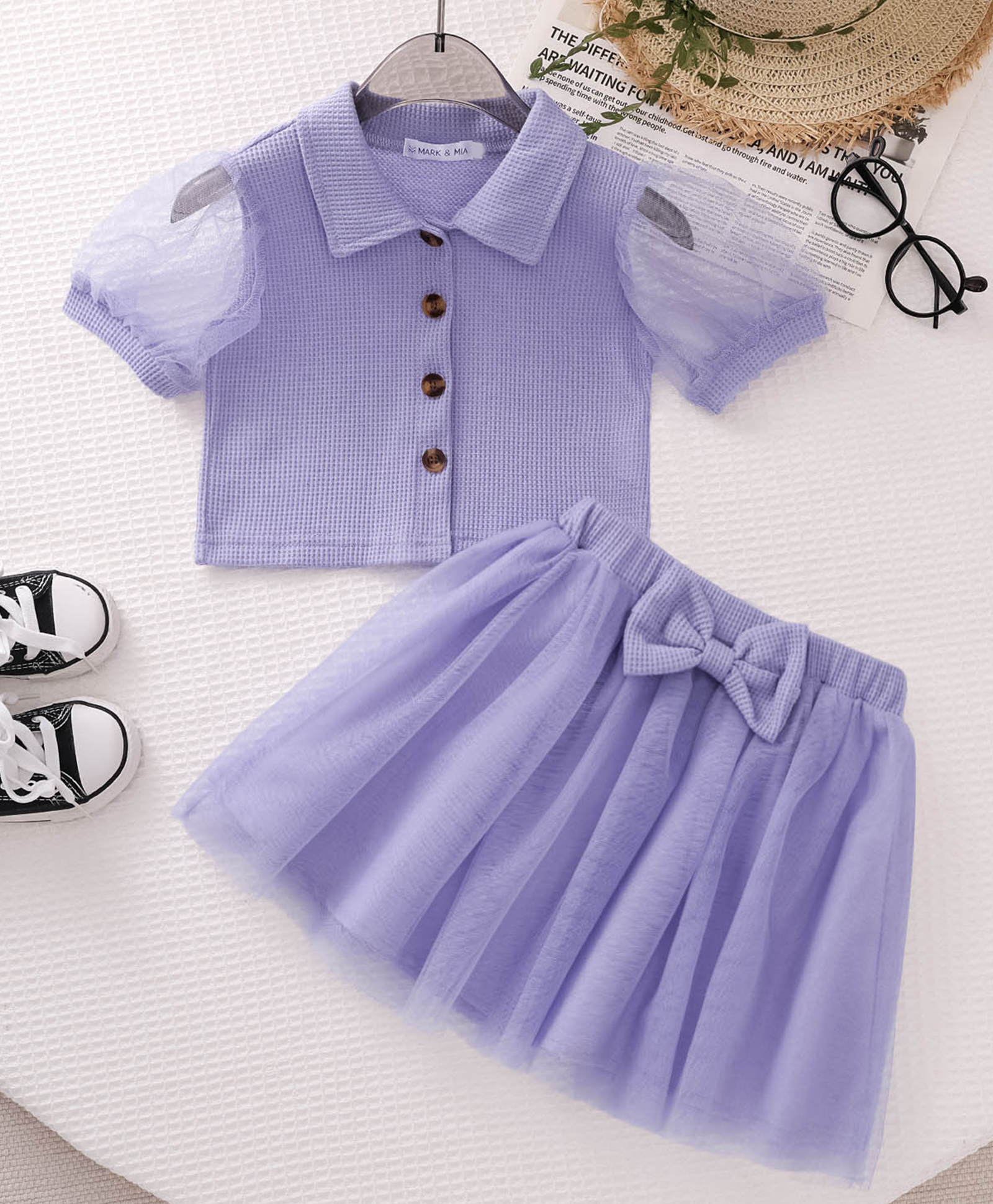 Mark & Mia Cotton Half Sleeves Solid Top & Skirts Set - Purple-image-24