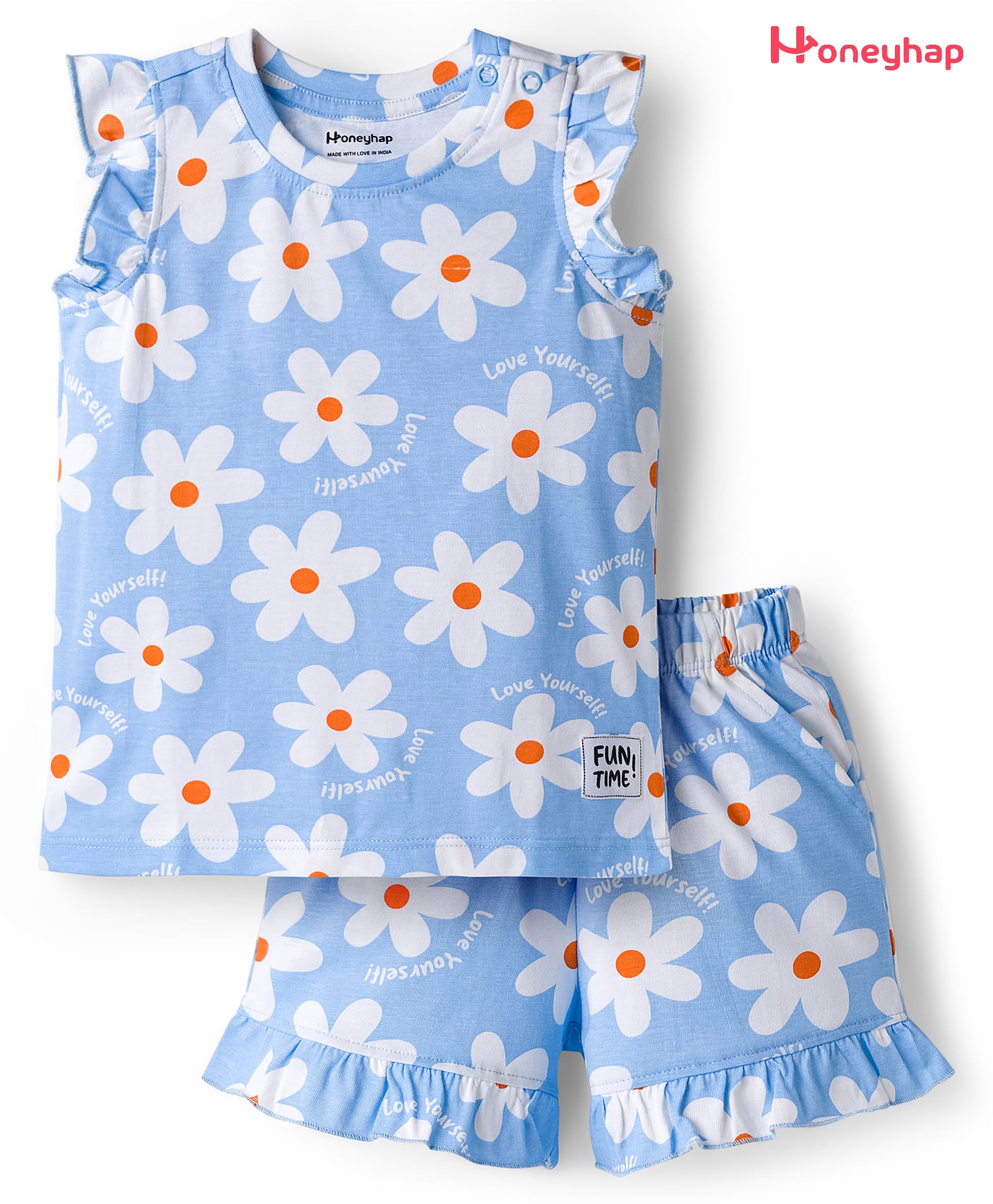Honeyhap Premium 100% Cotton Knit With Bio Finish Frill Sleeves Shorts Co-ord Night Suit With Floral Print - Airy Blue-image-2