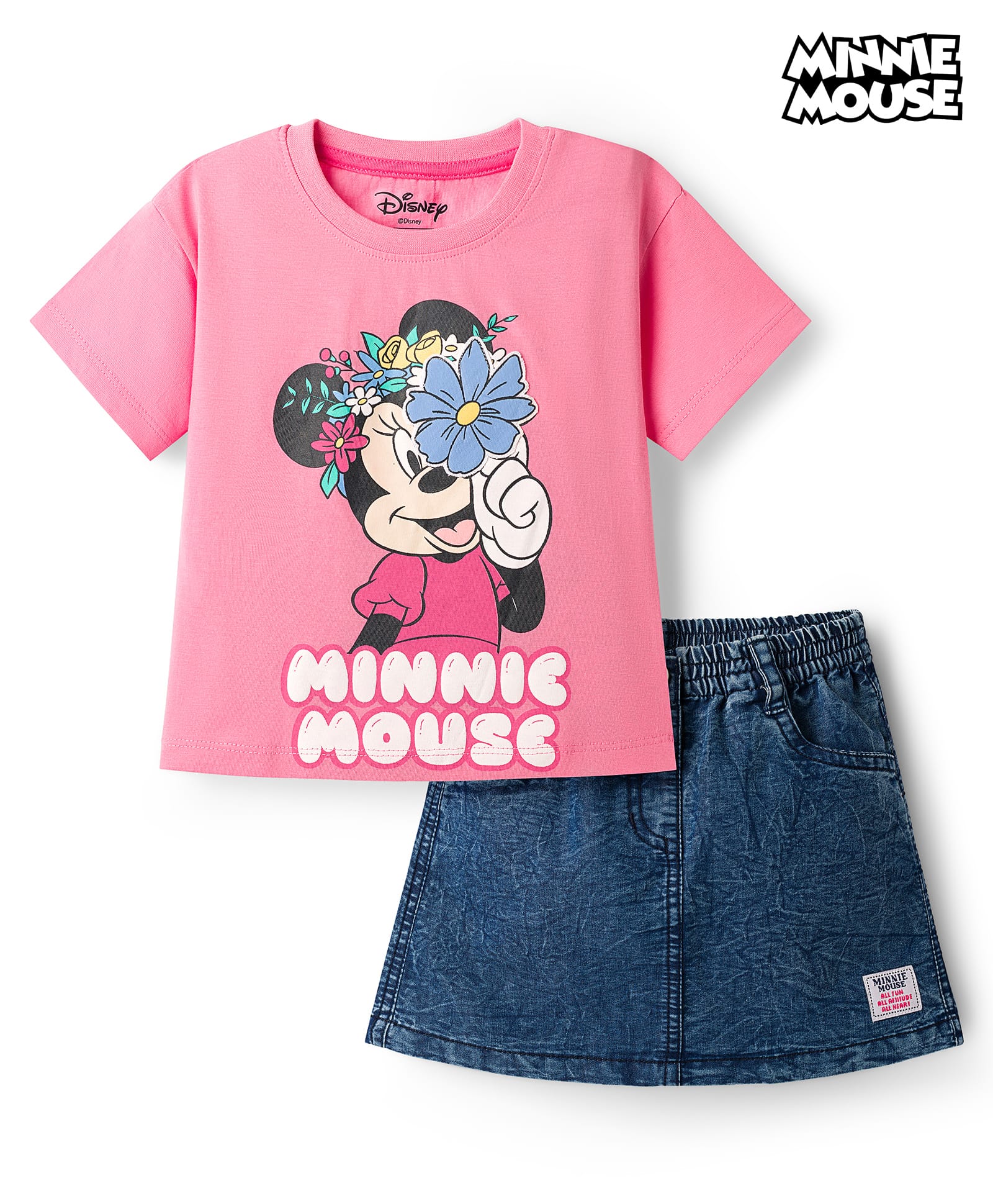 Babyhug Disney Single Jersey Knit Drop Shoulder Half Sleeves Oversized T-Shirt & Skirt Set with Minnie Mouse Graphic & Tie & Dye Effect - Pink-image-11