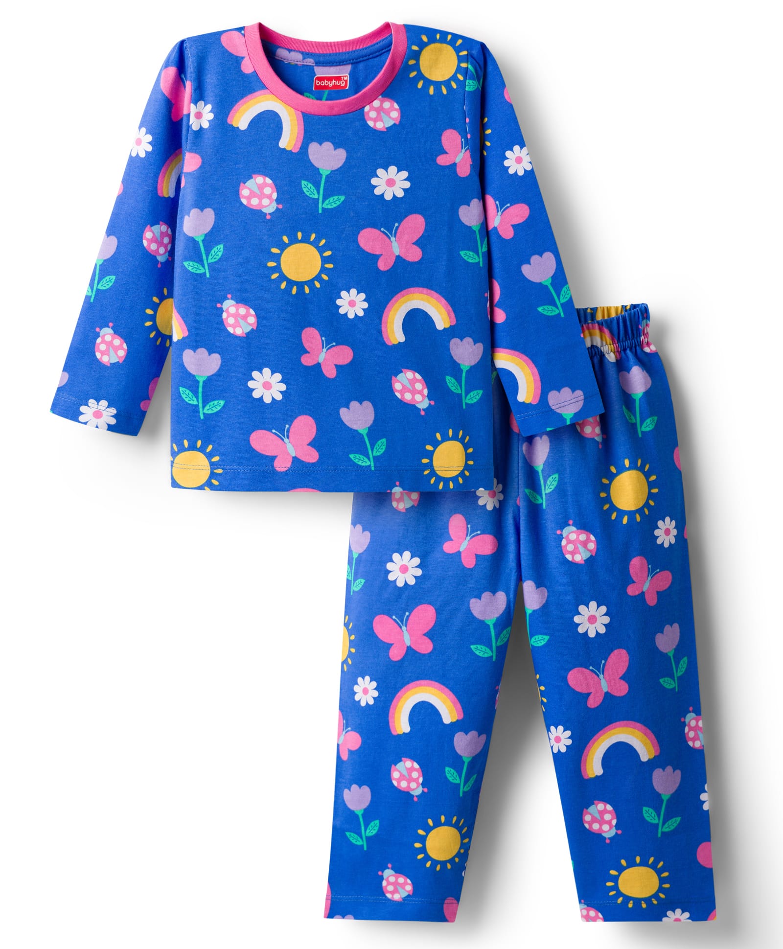 Babyhug Cotton Knit Full Sleeves Co-Ord Night Suit with Floral Butterfly & Rainbow Print - Navy Blue-image-11