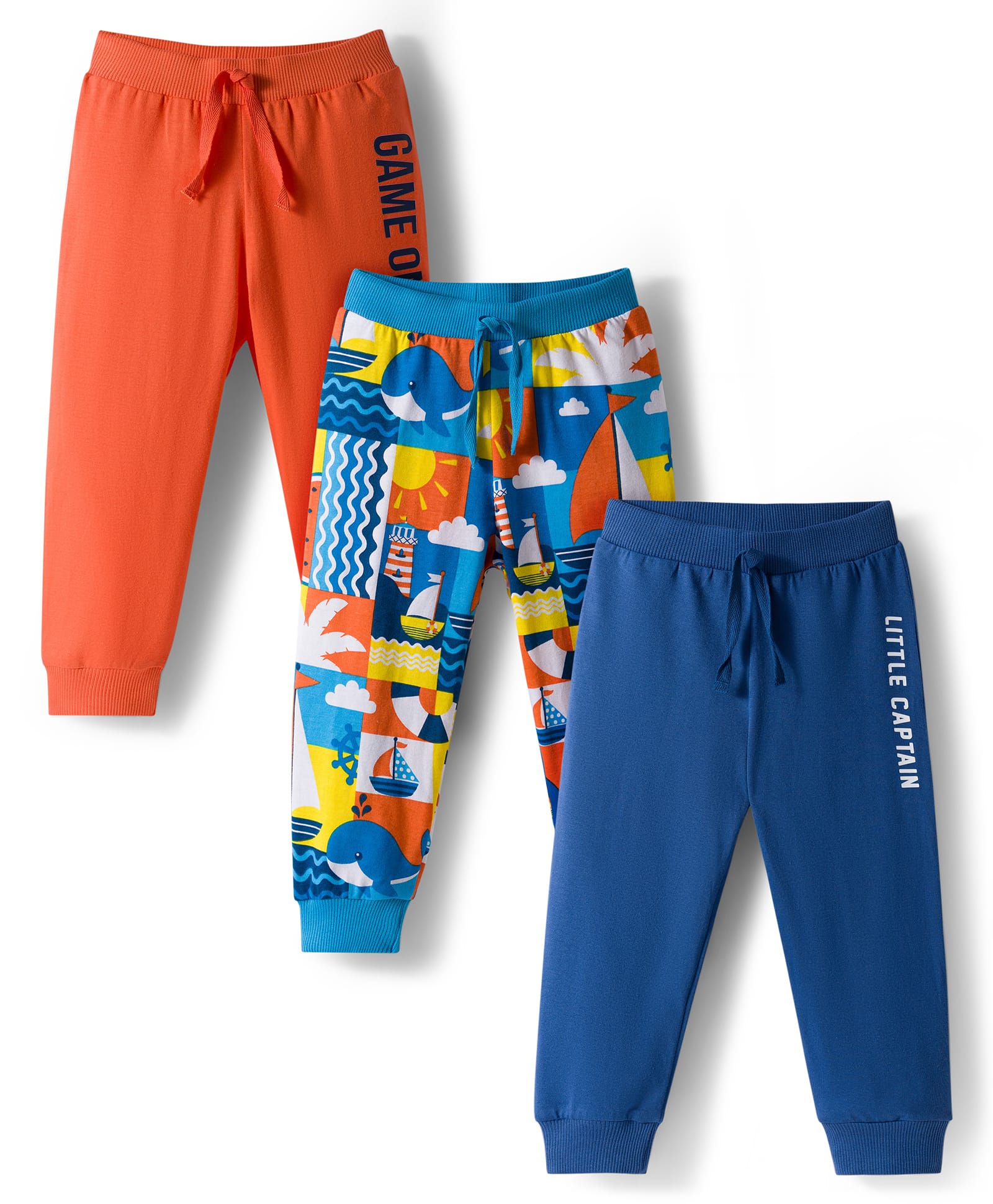 Babyhug Cotton Knit Full Length Nautical Theme Printed Lounge Pants Pack Of 3 - Multicolour