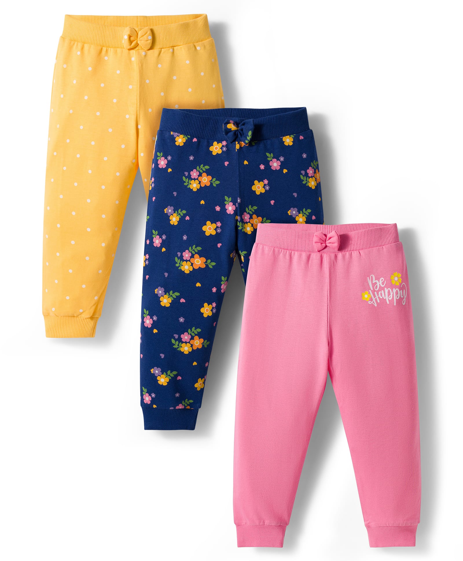Babyhug Single Jersey Knit Full Length Lounge Pants with Floral Print & Bow Applique Pack of 3 - Multicolor-picture-25