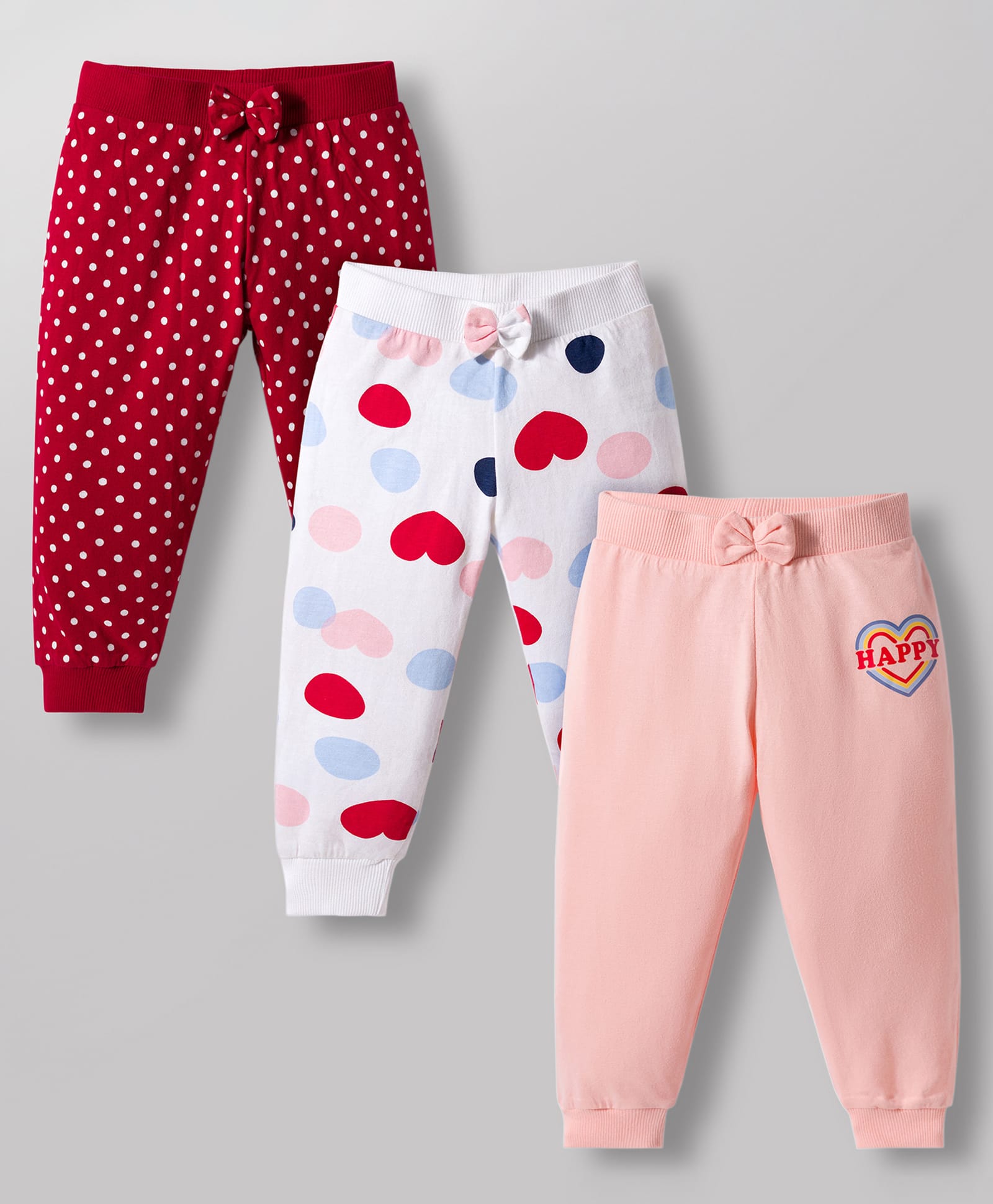 Babyhug Single Jersey Knit Full Length Lounge Pants with Heart Polka Dot Print & Bow Applique Pack of 3 - Multicolor-picture-24