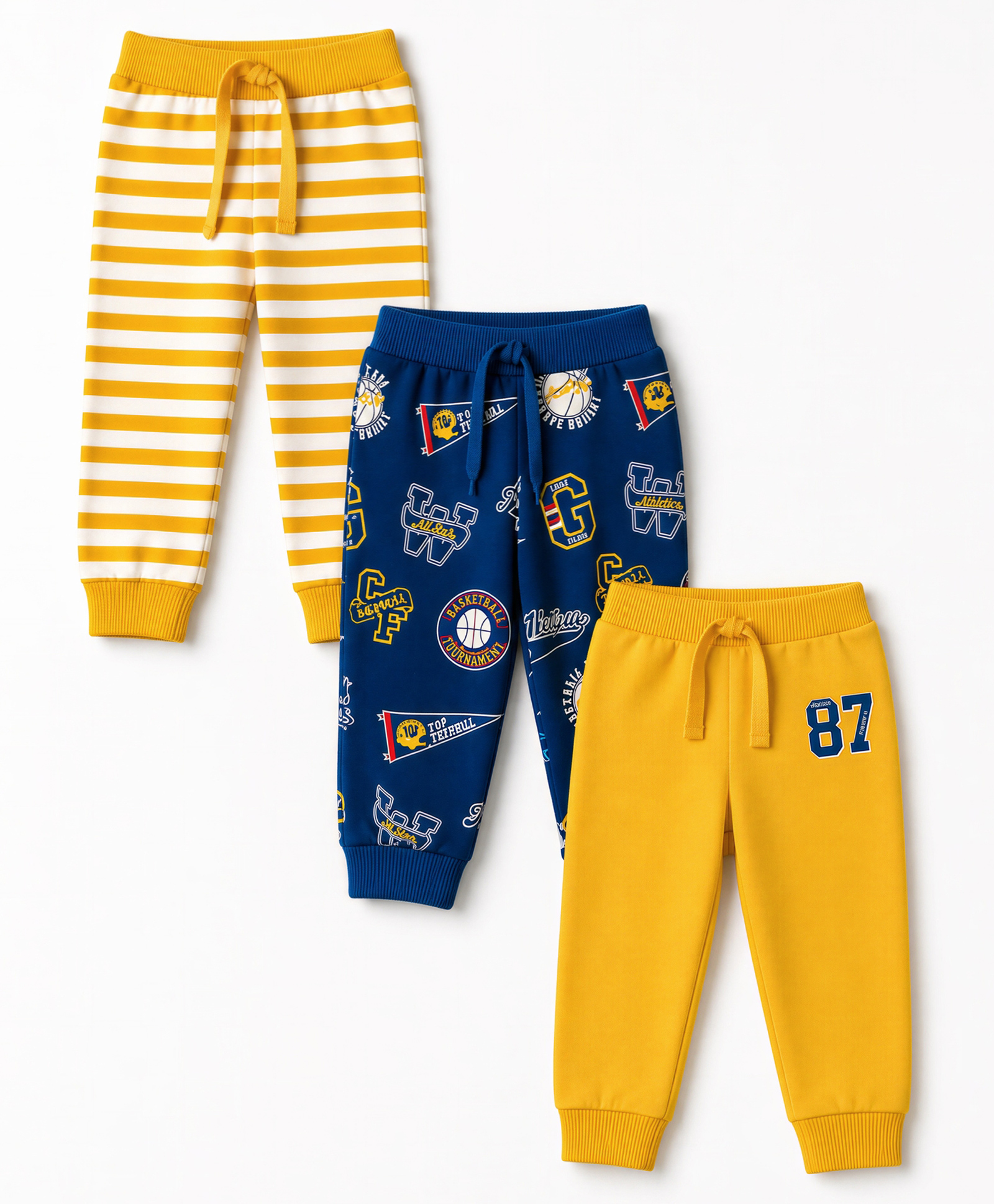 Babyhug Cotton Single Jersey Knit Full Length Striped Lounge Pant with Varsity Print Pack of 3 - Navy & Yellow-picture-17