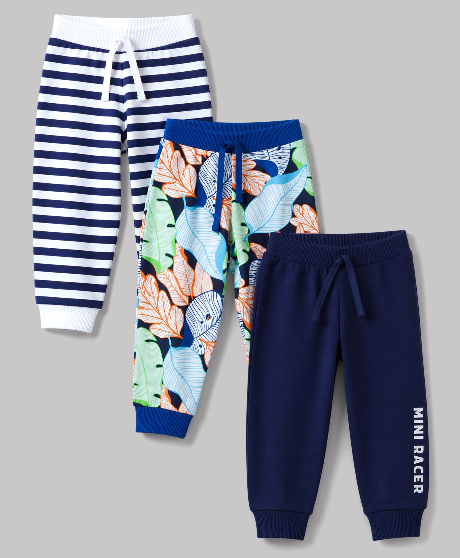 Babyhug Cotton Knit Full Length Striped Tropical Theme & Text Printed Lounge Pants Pack Of 3 - Navy Blue & White-picture-25