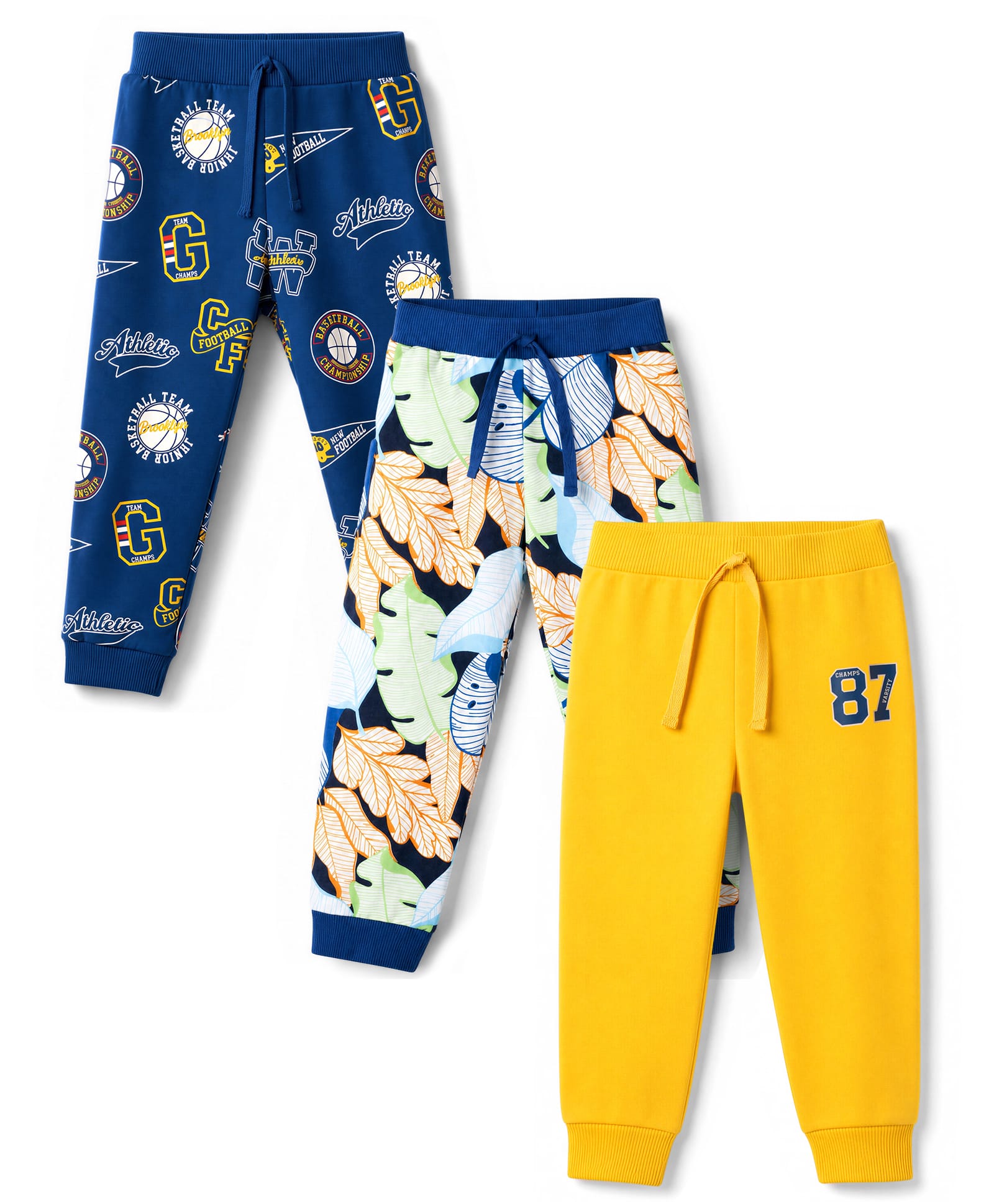 Babyhug Single Jersey Knit Full Length Lounge Pant with Leafy & Varsity Print Pack of 3 - Navy & Yellow-picture-10