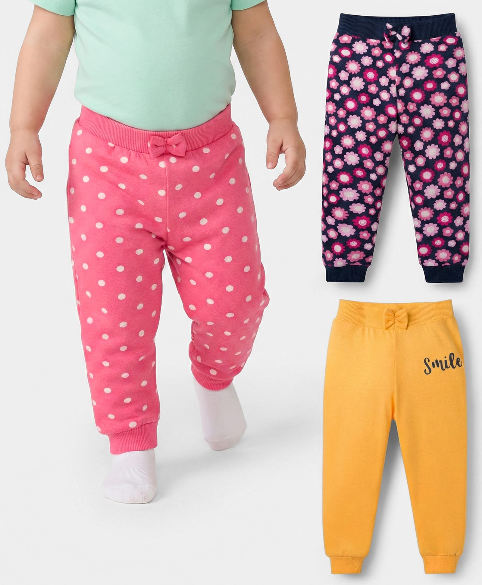 Babyhug Single Jersey Knit Full Length Lounge Pants With Floral & Polka Dot Print Pack of 3 - Multicolor-picture-21