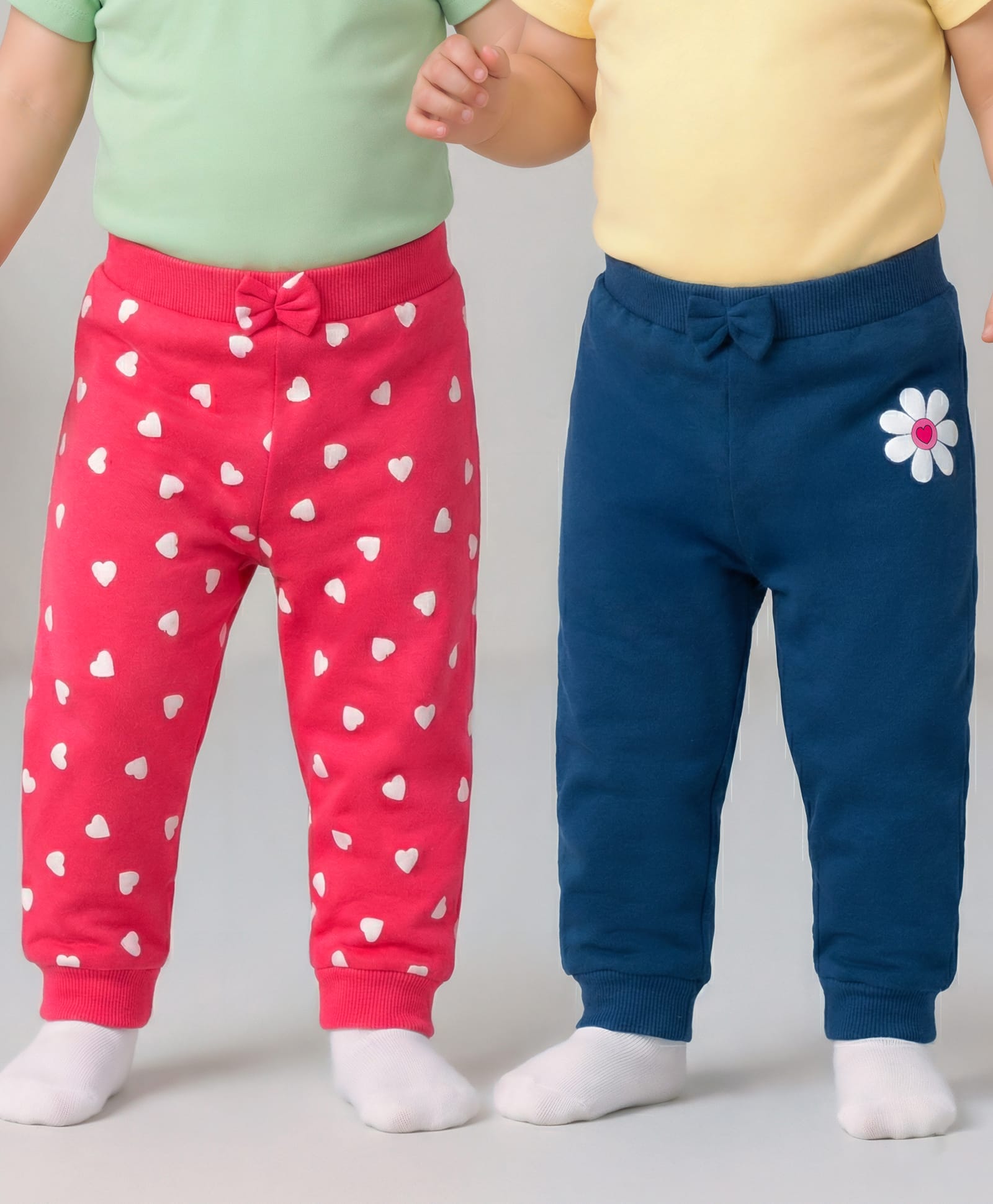 Babyhug Cotton Knit Full Length Heart & Floral Printed Lounge Pants With Bow Applique Pack of 2 - Multicolor-image-32