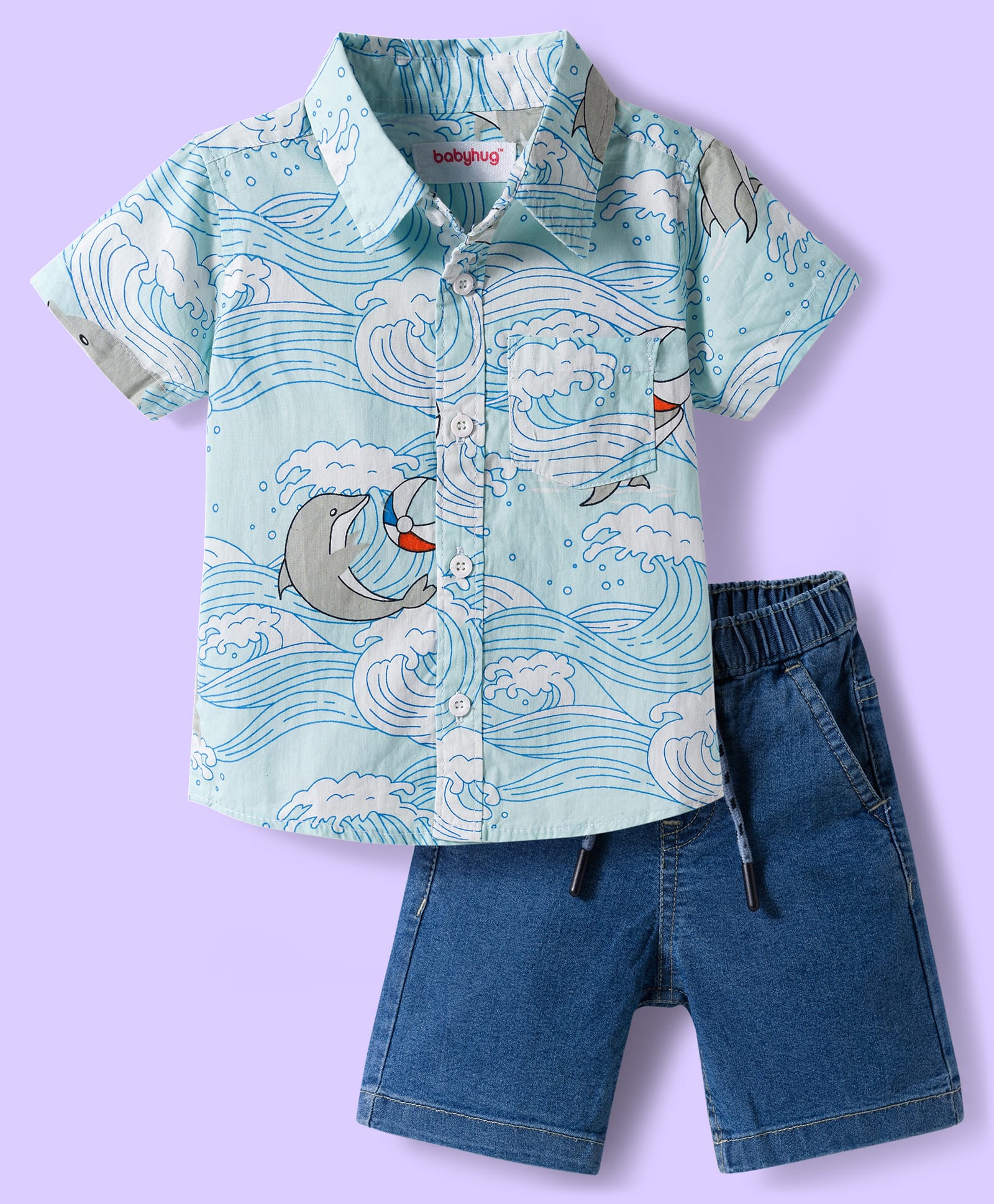 Babyhug Cotton Woven Half Sleeves Shirt & Denim Shorts Set With Dolphin Print - Multicolor-picture-22
