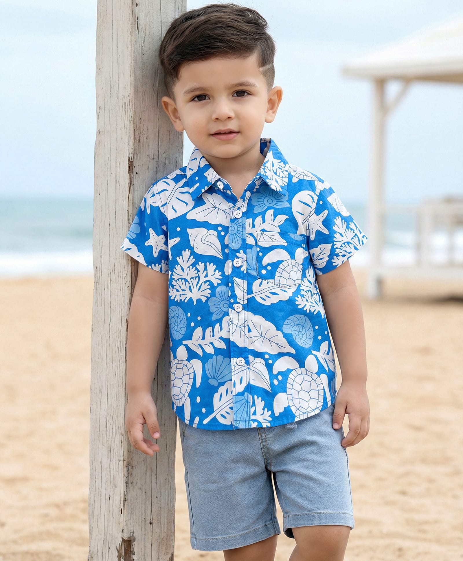 Babyhug Cotton Woven Half Sleeves Shirt & Denim Shorts Set With Sea Animals Print - Multicolor-picture-21