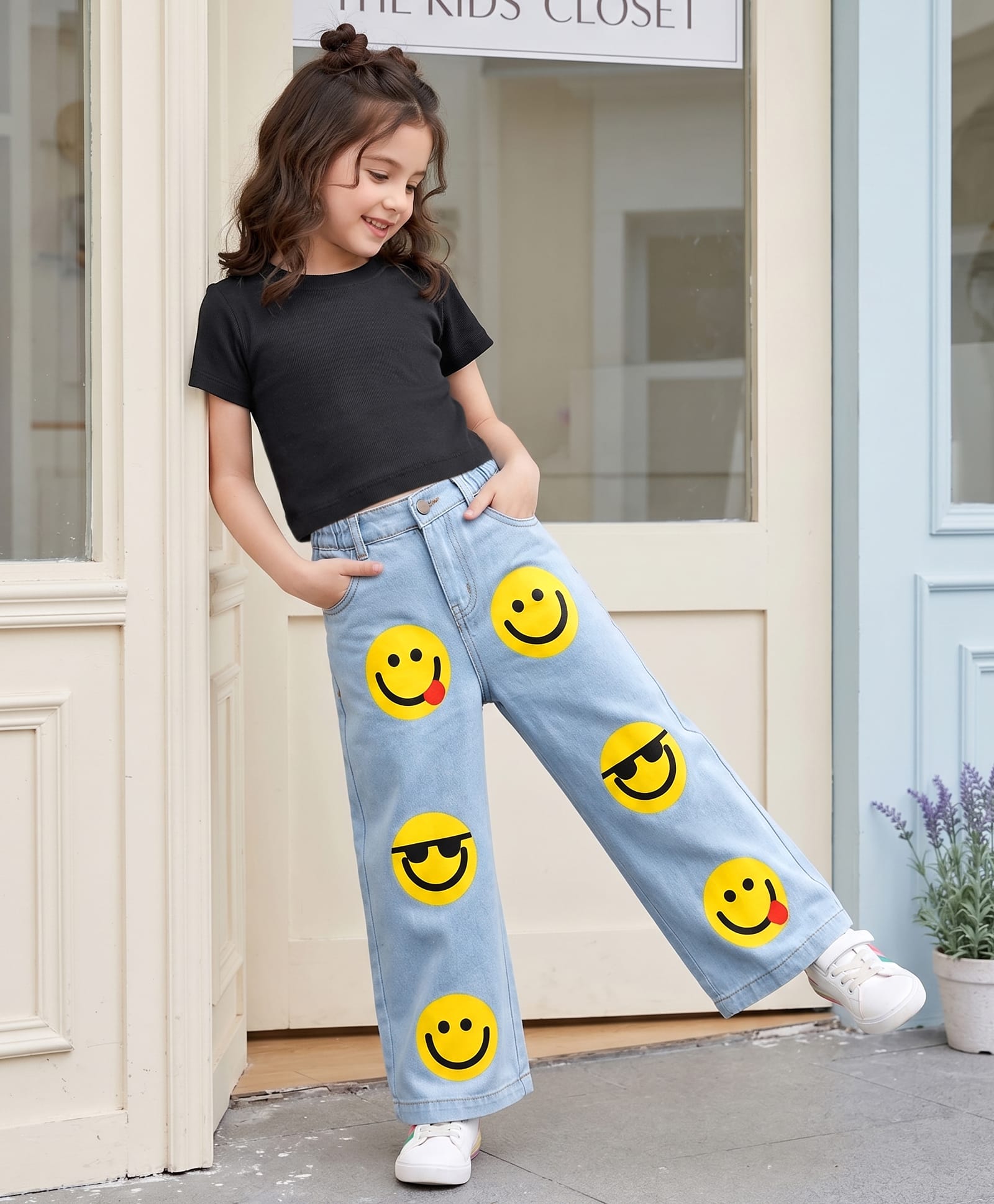 OLLINGTON ST. Cotton Lycra Knit Half Sleeves Top & Stretchable Denim Jeans With Smiley Print - Black & Blue-image-20