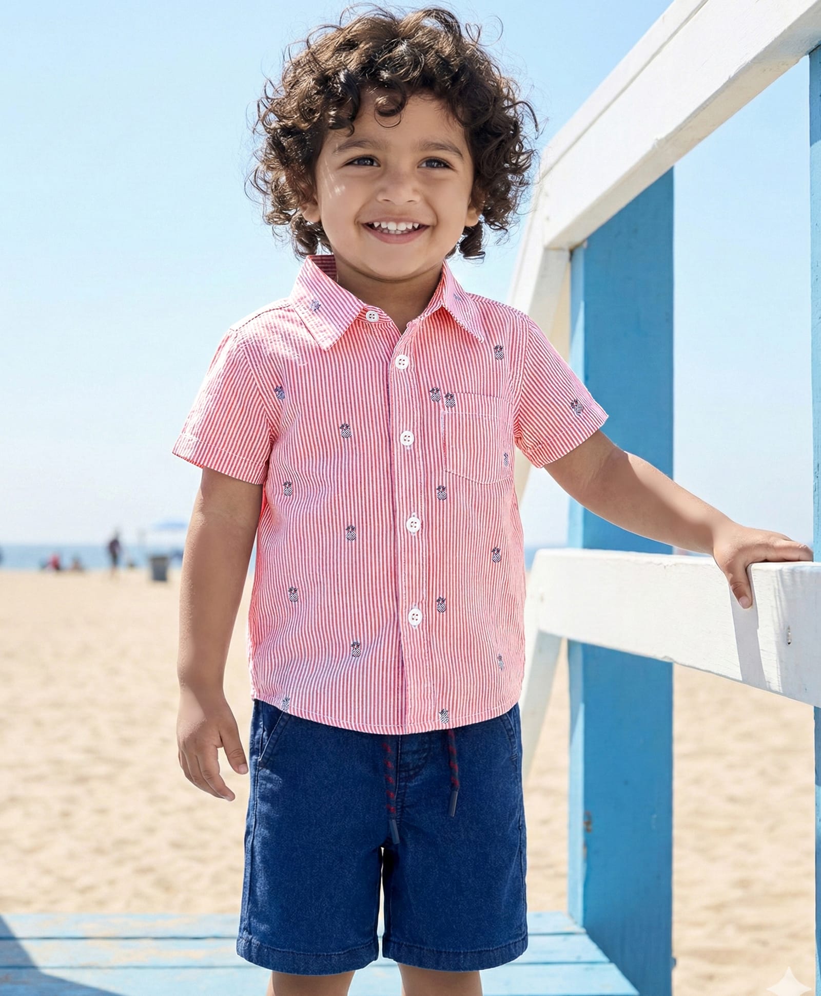 Babyhug Cotton Woven Half Sleeves Striped Shirt & Denim Shorts Set With Watermelon Print - Orange & Blue-image-40