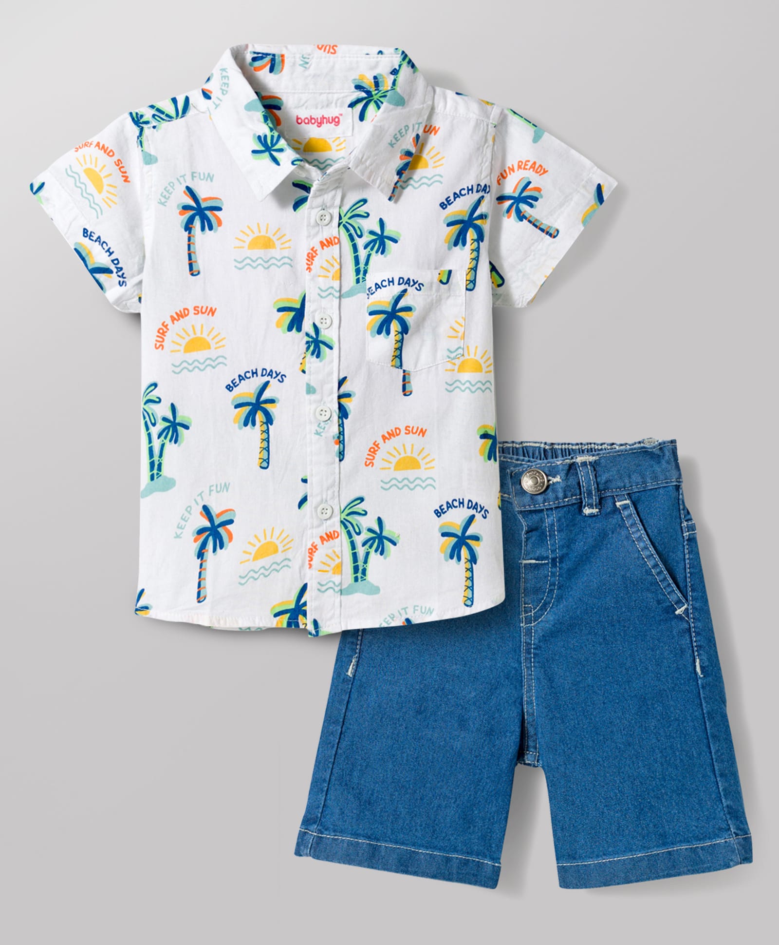 Babyhug Cotton Woven Half Sleeves Shirt & Denim Shorts Set with Beach Theme Print - Blue-picture-10