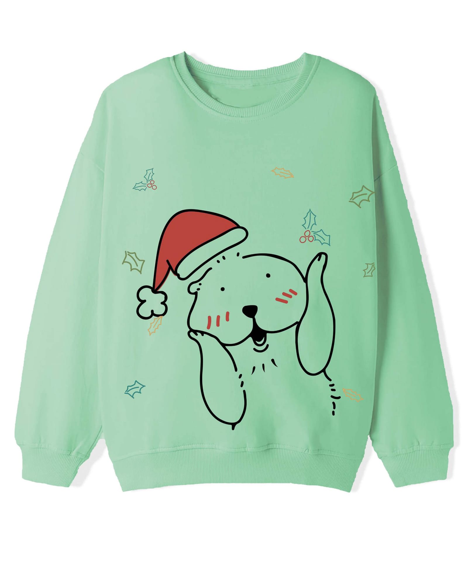 KAVEE Terry Knit Christmas Theme Full Sleeves Otter Printed Light Winter Sweatshirt - Olive Green-picture-21