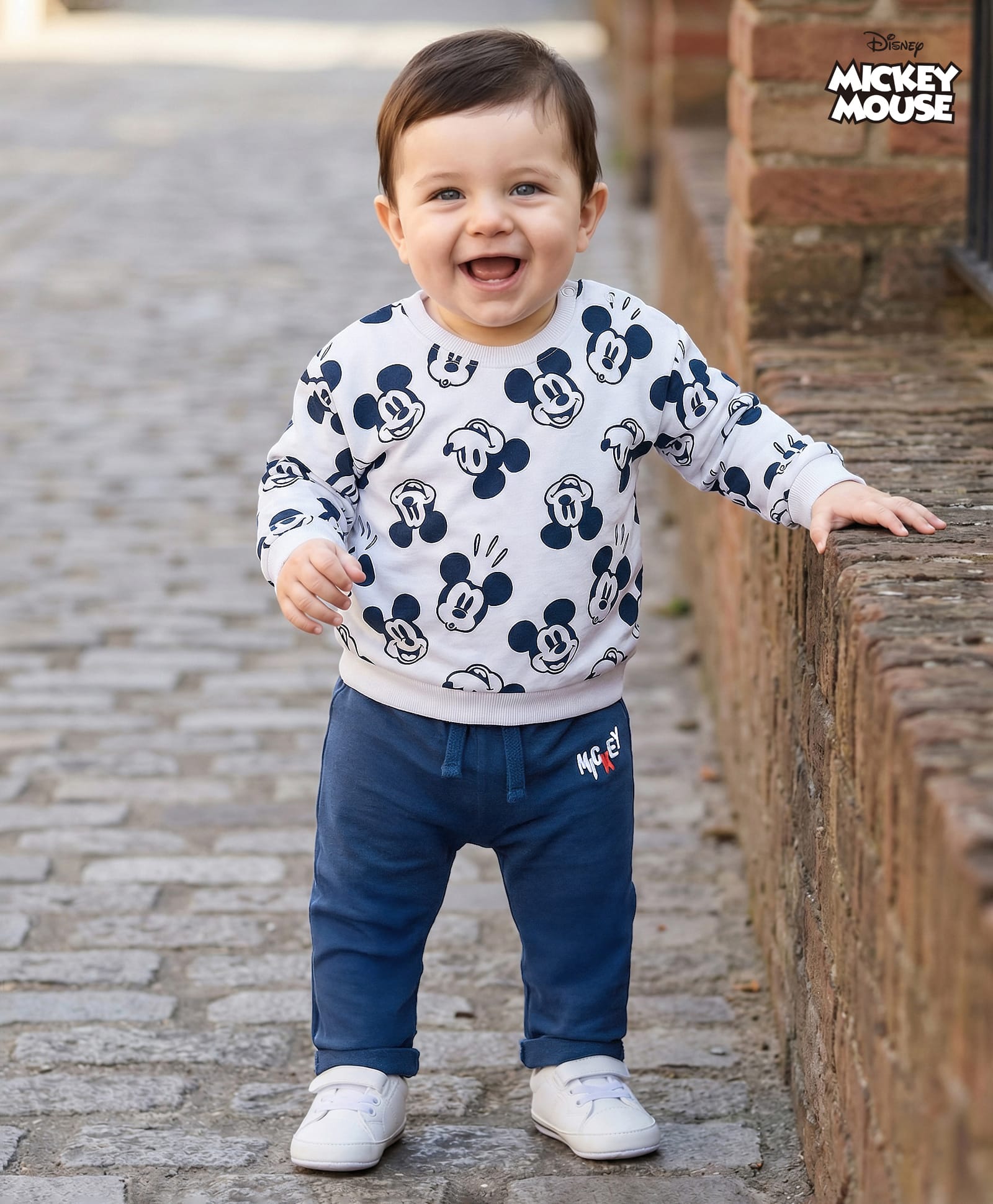 Babyoye Disney Terry Knit Full Sleeves Sweatshirt & Diaper Legging Set with Mickey Mouse Graphic - Navy Blue & White-image-31