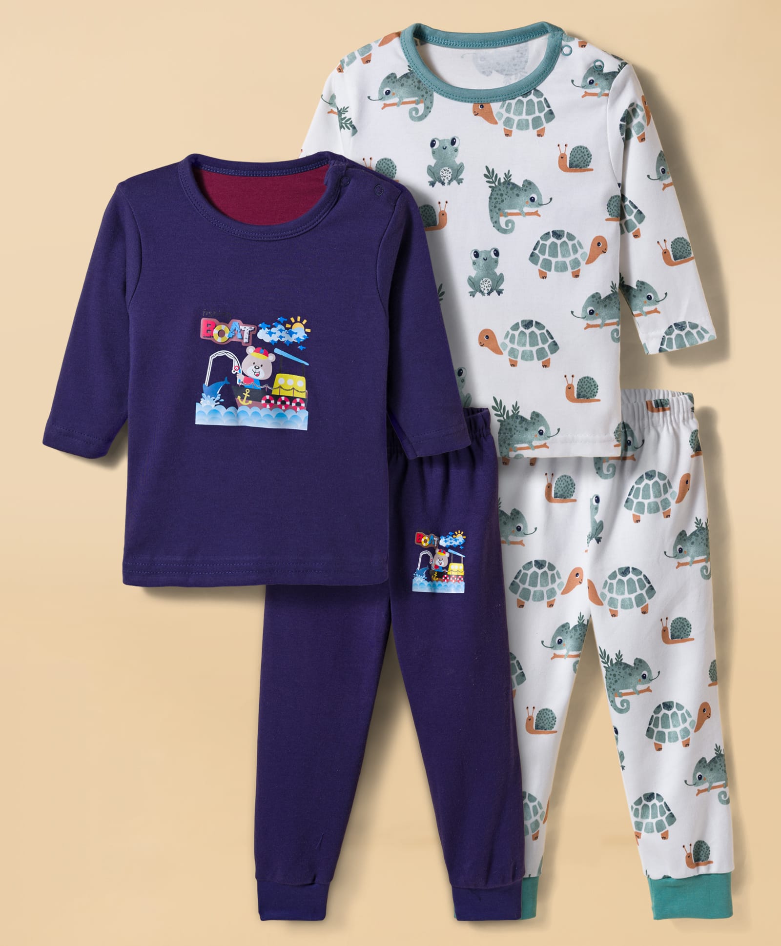 Kidi Wav Pack Of 2 Full Sleeves Teddy Fishing & Chameleon Printed Tee & Joggers Set - Multi Colour