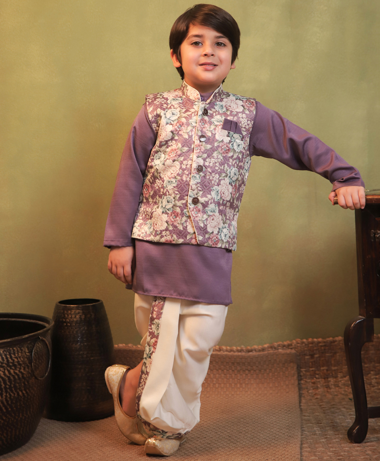 AJ Dezines Cotton Blend Woven Full Sleeves Solid Kurta Dhoti With Floral Printed Jacket Set - Purple-picture-3