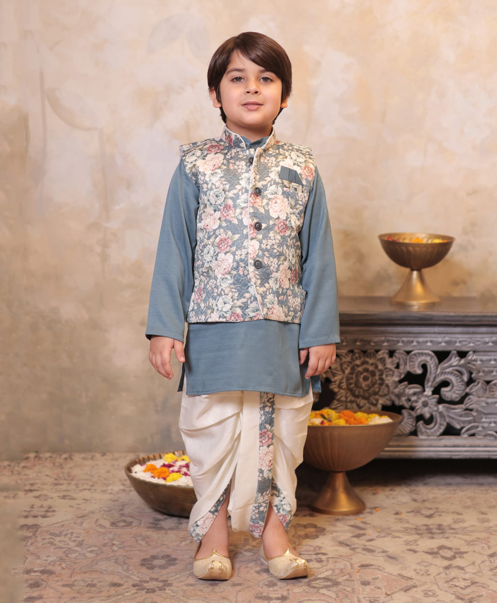 AJ Dezines Cotton Blend Woven Full Sleeves Solid Kurta Dhoti With Floral Printed Jacket Set - Grey-image-38