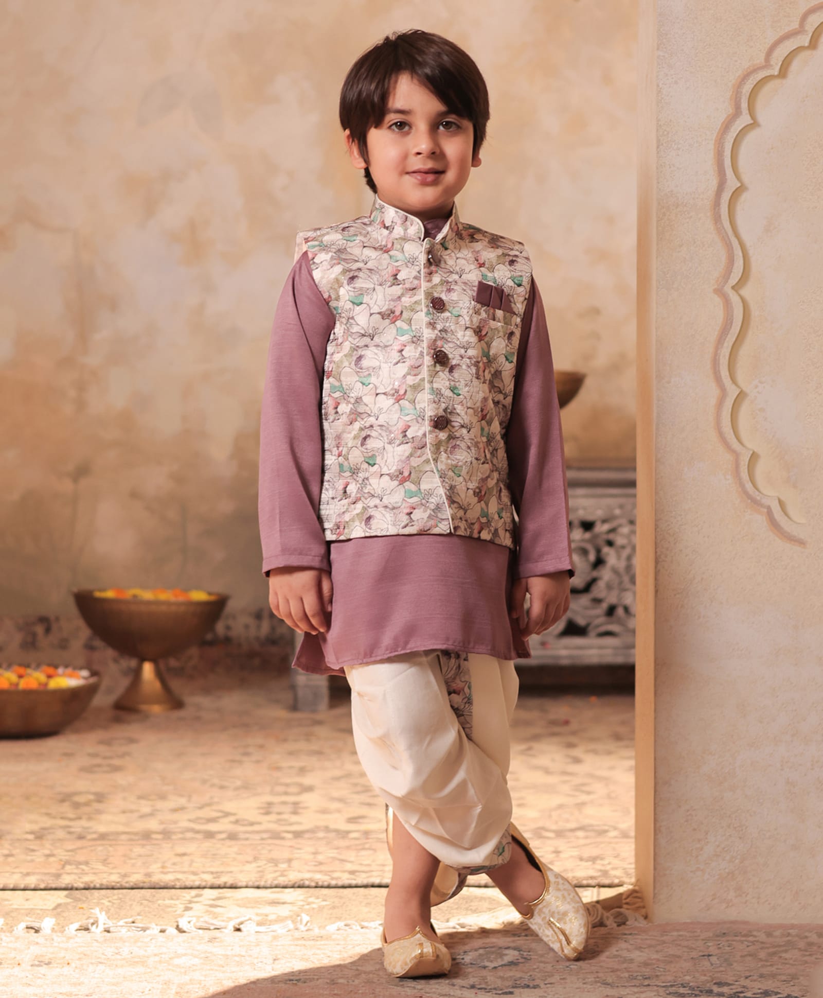 AJ Dezines Cotton Blend Woven Full Sleeves Solid Kurta Dhoti With Floral Printed Jacket Set - Pink-picture-2