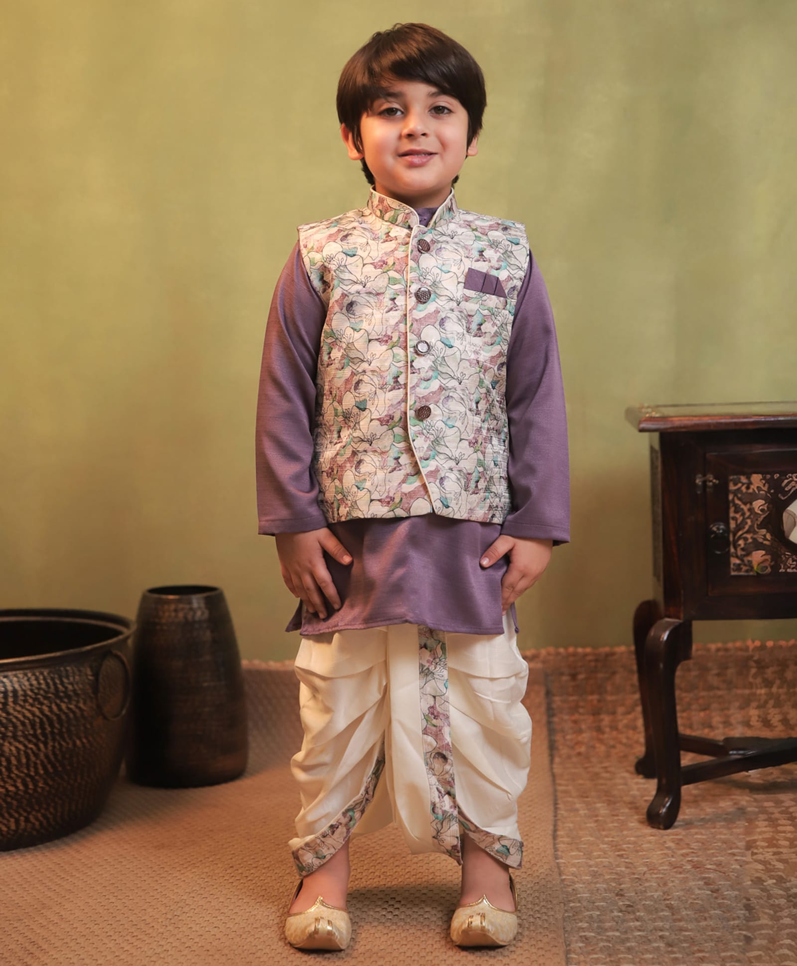 AJ Dezines Cotton Blend Woven Full Sleeves Solid Kurta Dhoti With Floral Printed Jacket Set - Purple-image-39
