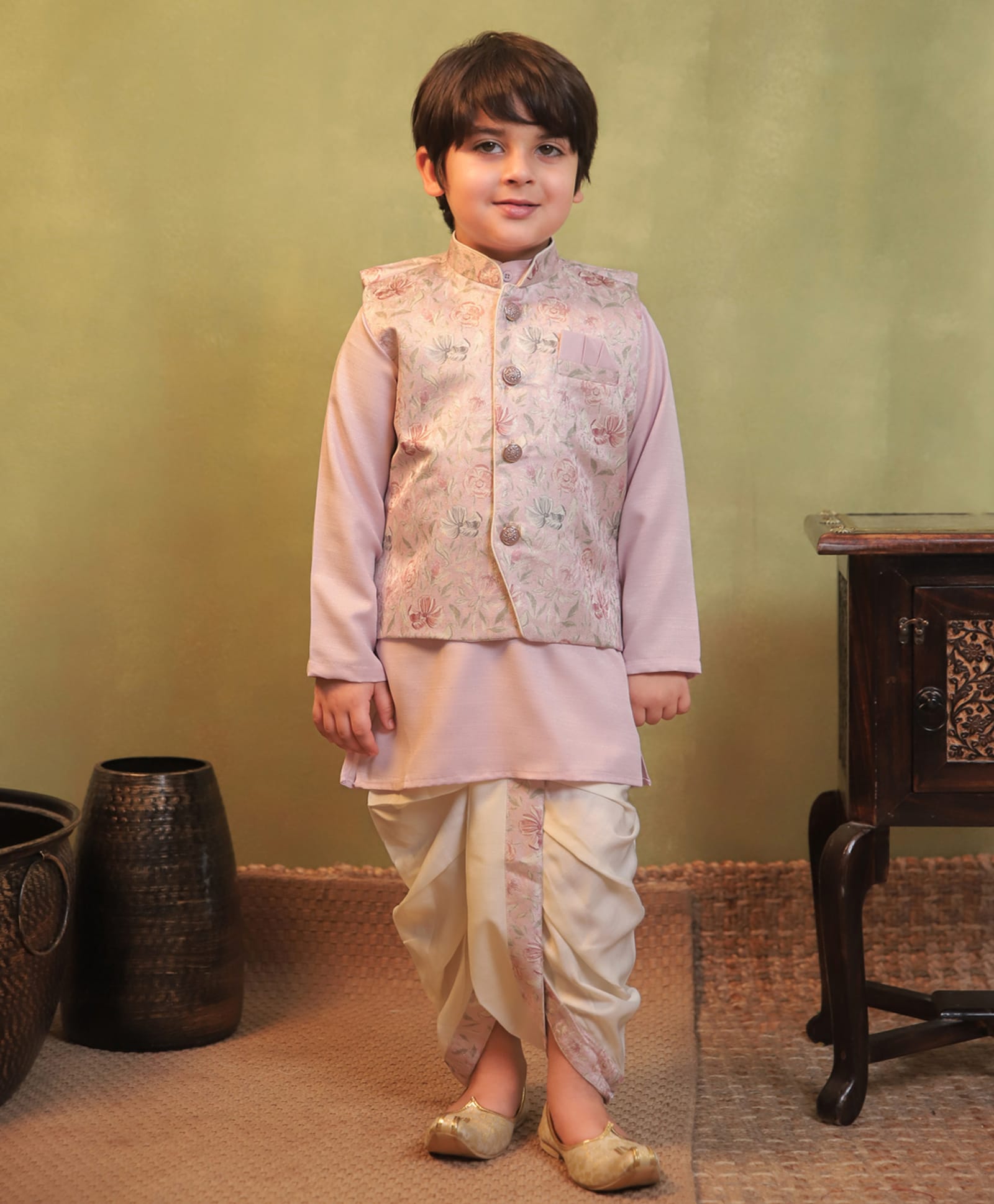 AJ Dezines Cotton Blend Woven Full Sleeves Solid Kurta Dhoti With Floral Printed Jacket Set - Pink-picture-5