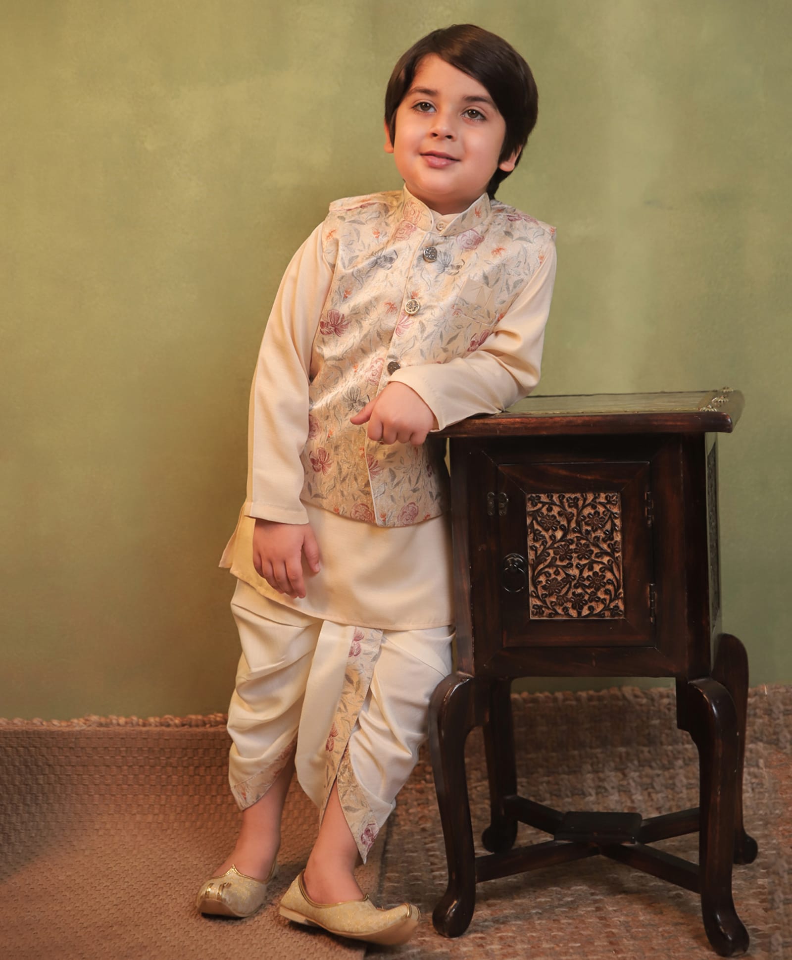 AJ Dezines Cotton Blend Woven Full Sleeves Solid Kurta Dhoti With Floral Printed Jacket Set - Yellow-image-37