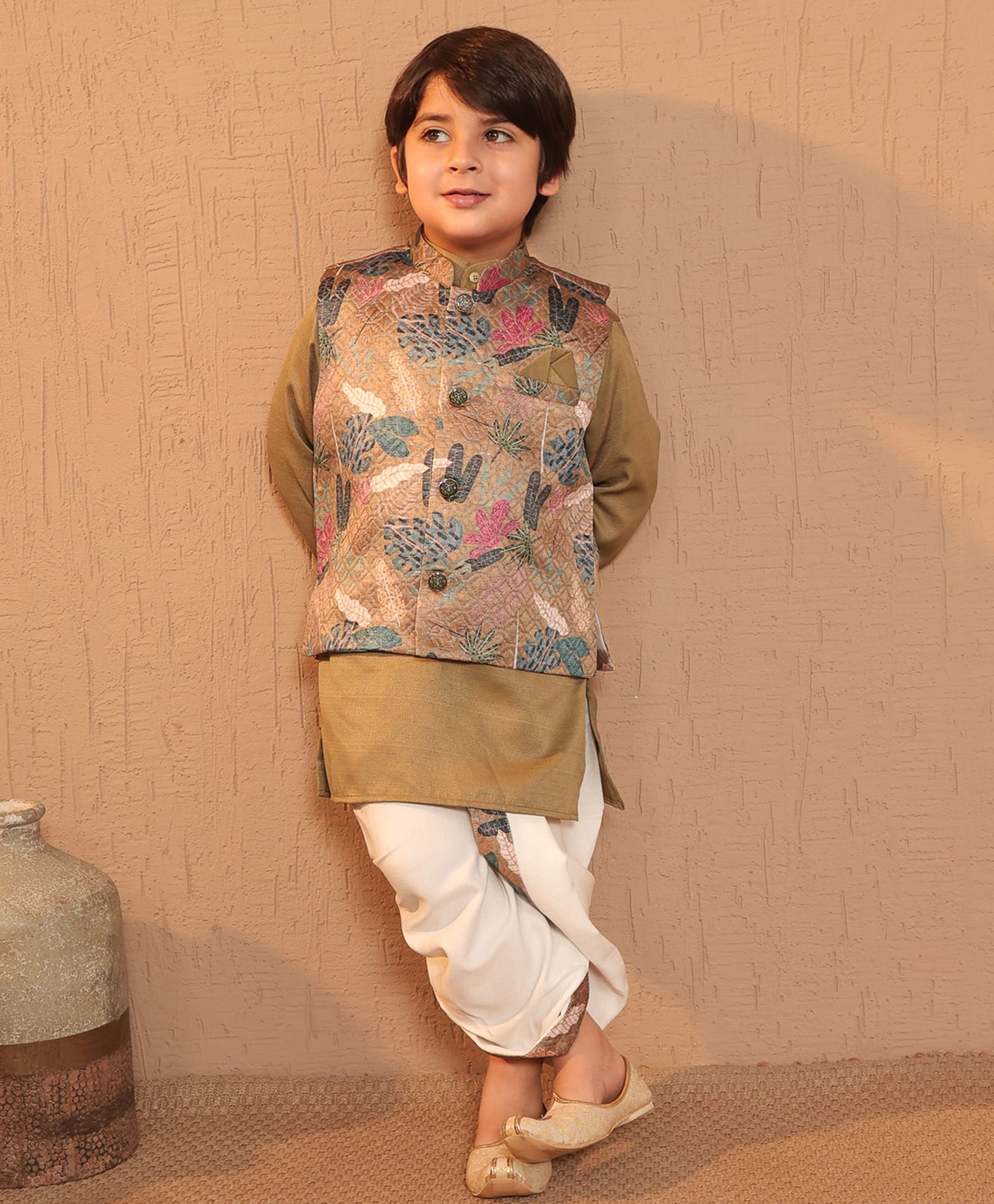AJ Dezines Cotton Blend Woven Full Sleeves Solid Kurta Dhoti With Leaves Printed Jacket Set - Green-image-24
