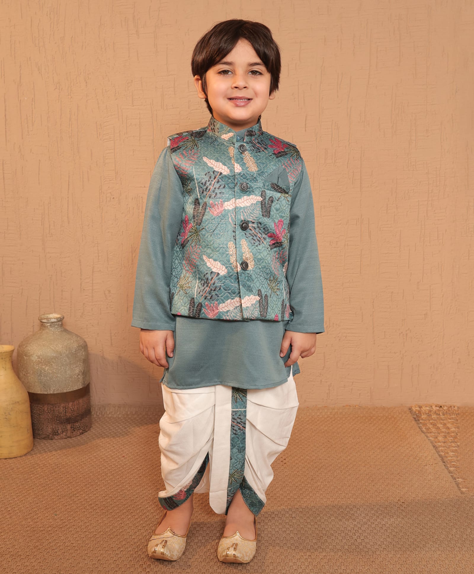 AJ Dezines Cotton Blend Woven Full Sleeves Solid Kurta Dhoti With Leaves Printed Jacket Set - Blue-picture-31