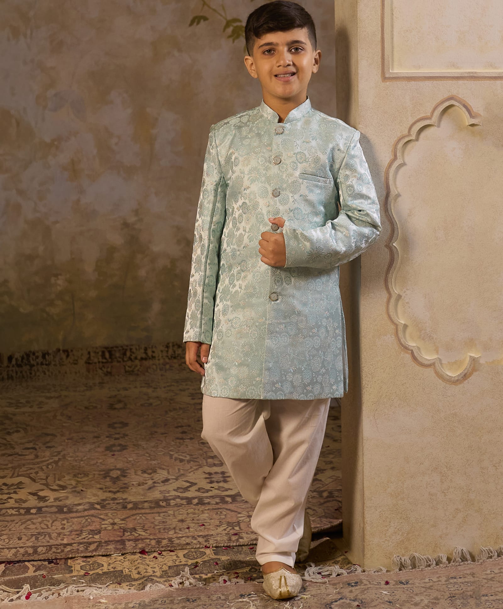 AJ Dezines Jacquard Woven Full Sleeves Floral Embroidered Sherwani With Pant Set - Sky Blue-picture-27