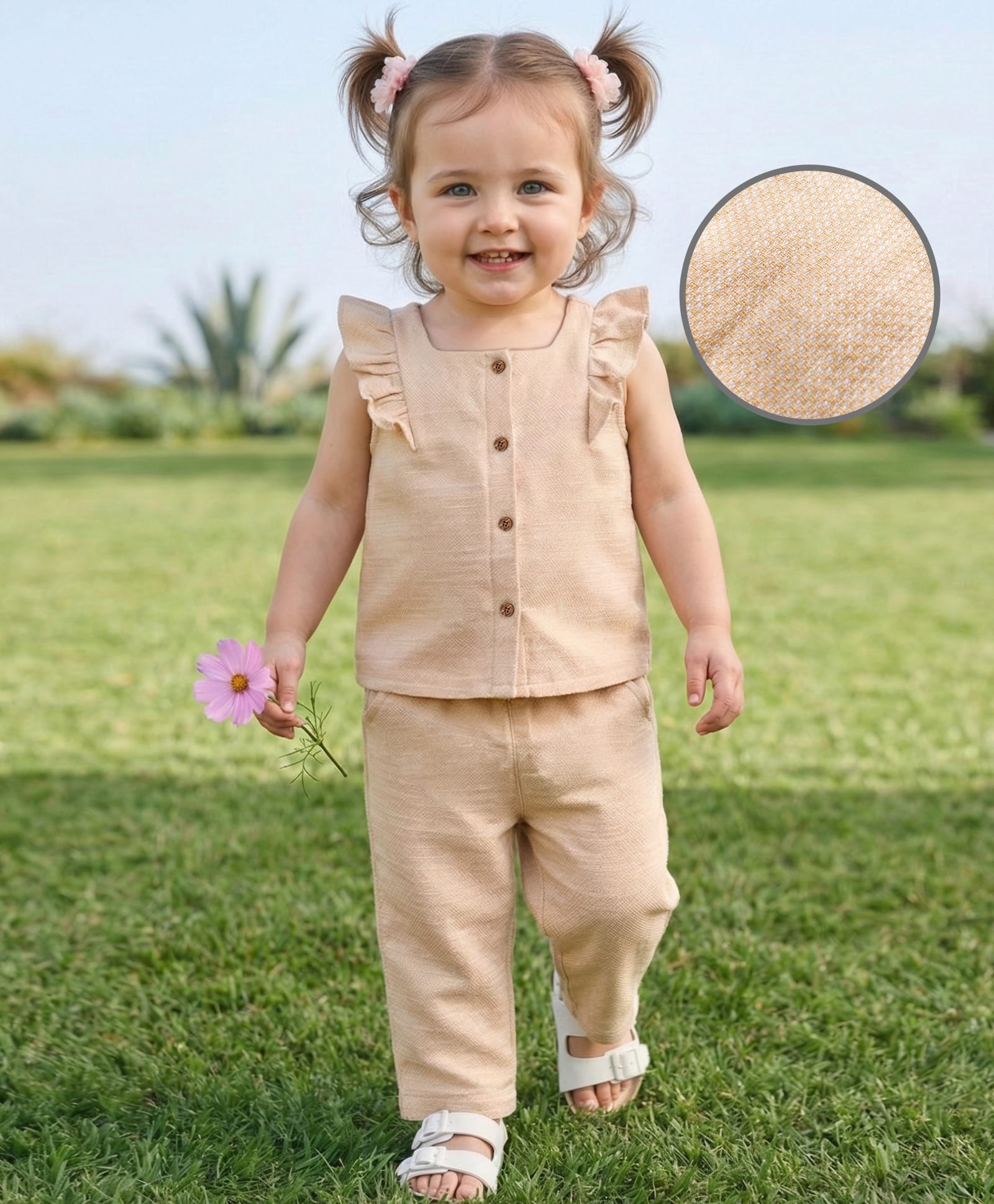 Babyoye 100% Cotton Woven Frill Sleeves Solid Color Co-ords Top & Pant Set - Beige-image-41