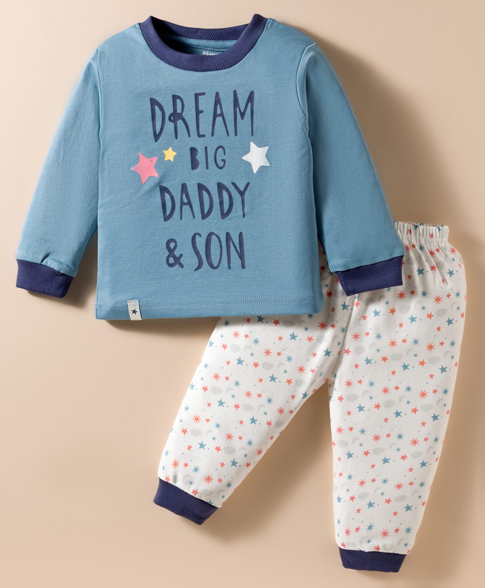 Pink Rabbit Interlock Knit Full Sleeves Night Suit With Text Print - Teal Blue-image-24