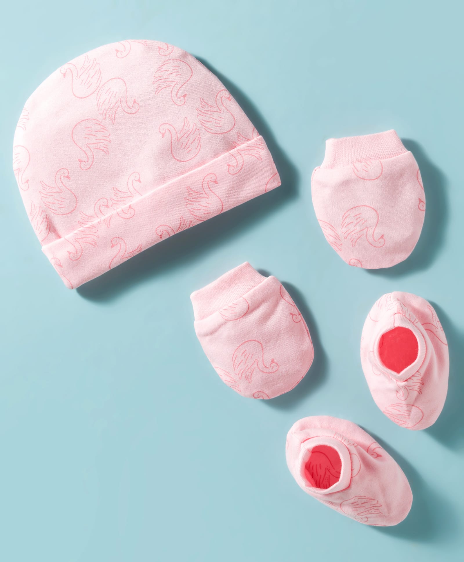 Pink Rabbit Interlock Knit Cap Mittens & Booties With Swan Print Pink - Diameter 10.5 cm-image-36