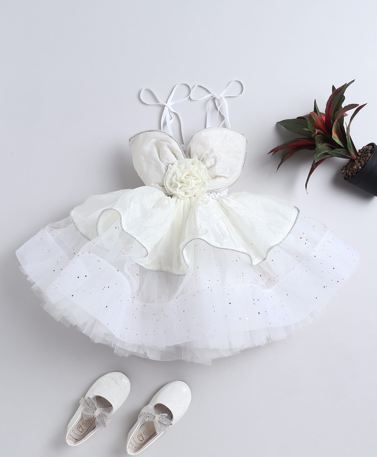 TINY MINY MEE Elastane Woven Sleeveless Floral Applique & Shimmer Detailed Layered Dress - White-image-41