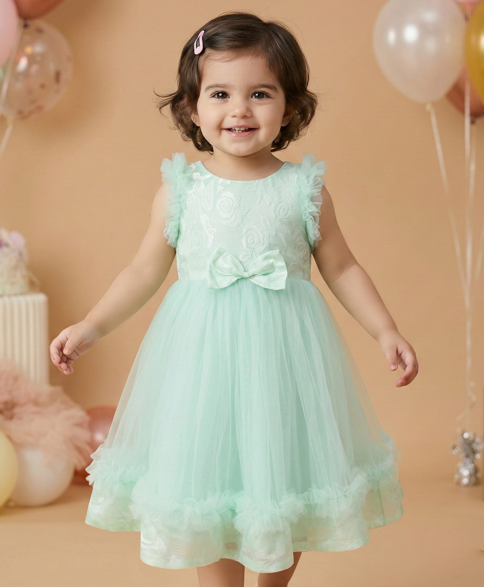 Babyoye Cotton Woven Sleeveless Party Frock with Bow Applique & Embroidery - Aqua Blue-image-22