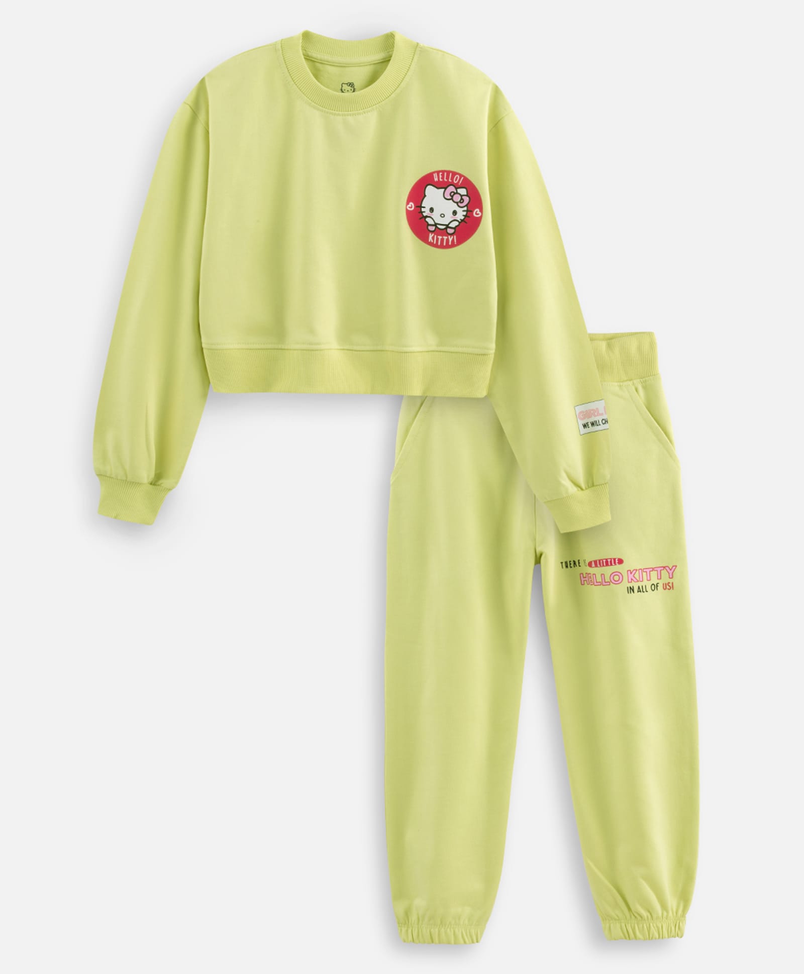 Nap Chief Cotton Knit Hello Kitty Featuring Full Sleeves Character Printed Crop Sweatshirt & Joggers Set - Yellow-image-28