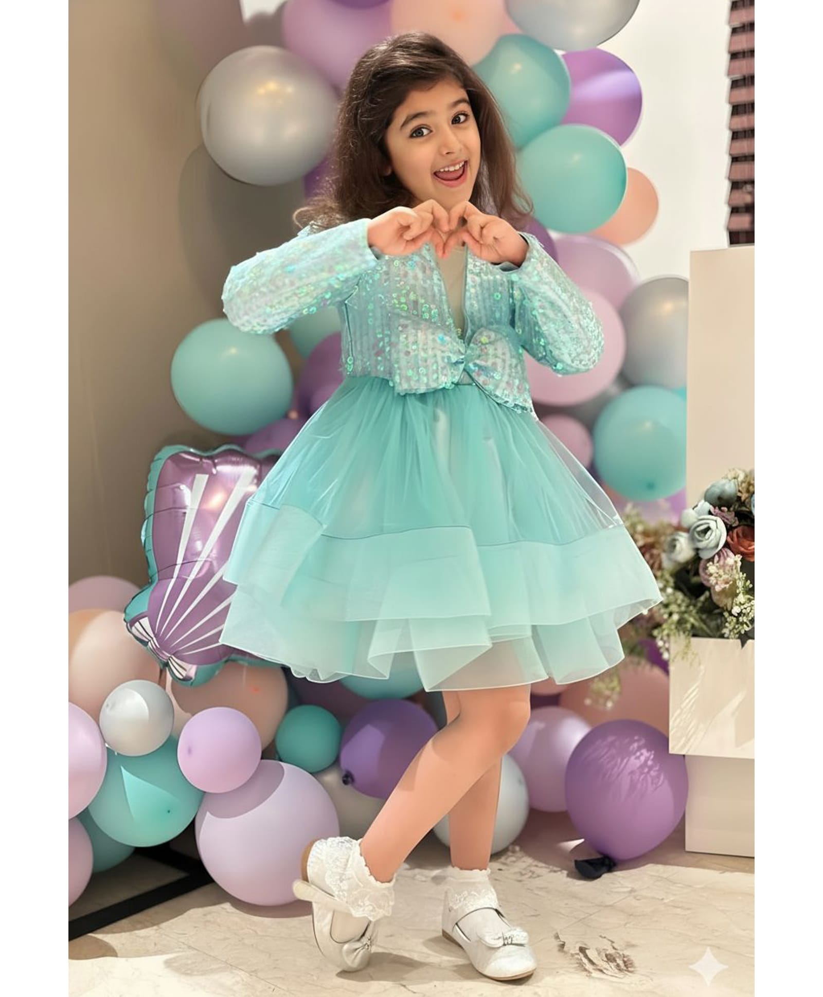 Foreverkidz Sequin Woven Full Sleeves Sequins Embellished Bow Applique Detailed Dress - Sea Green-image-35
