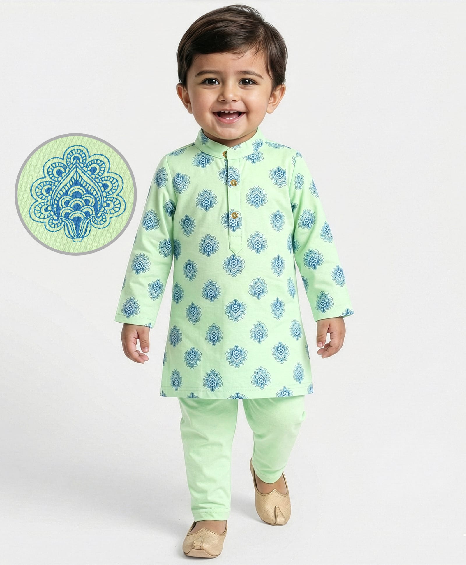 EARTHY TOUCH Full Sleeves Kurta Pyjama Set with Floral Print - Limegreen-image-43