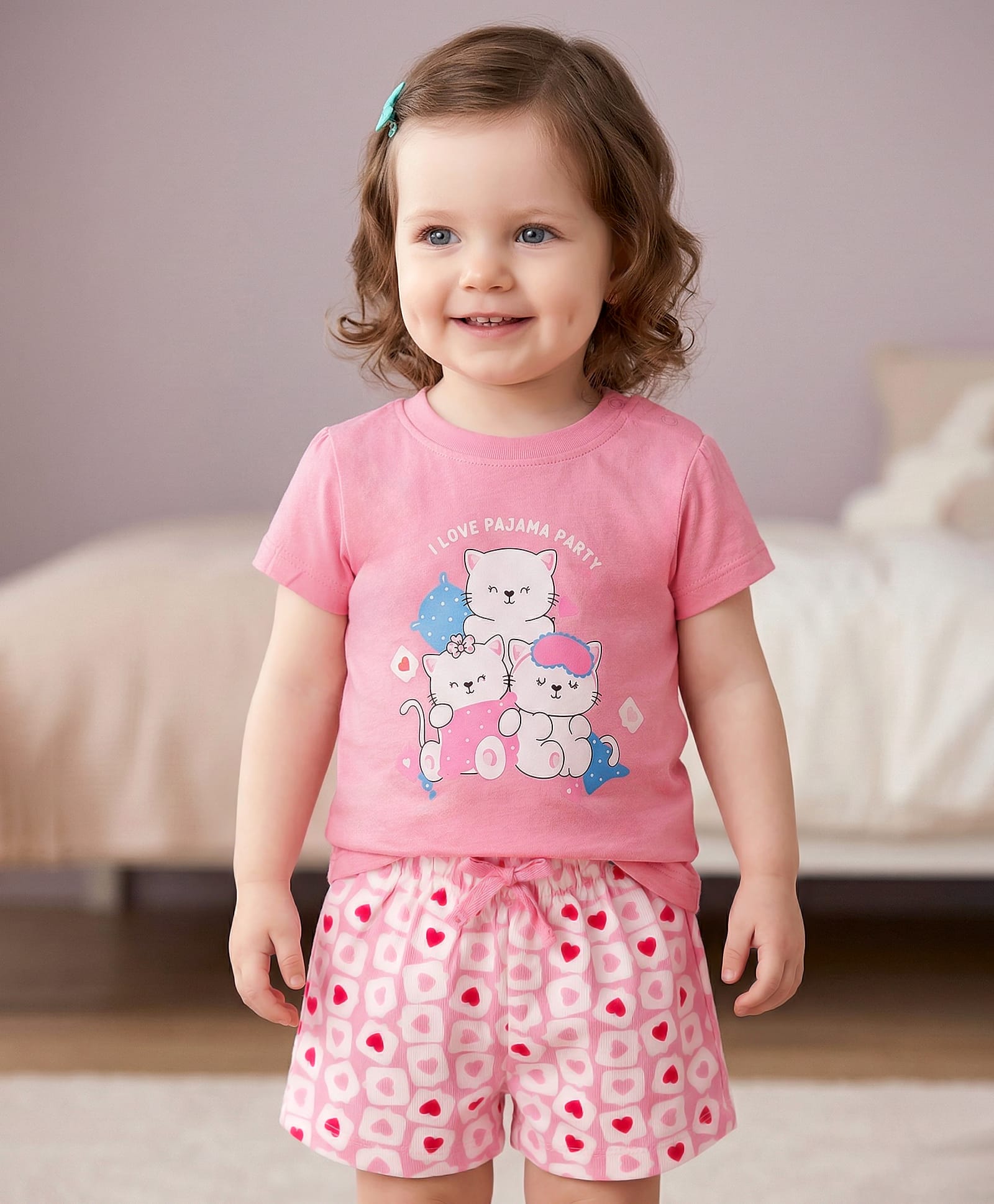 Babyoye 100% Cotton Knit Half Sleeves T-Shirt & Shorts Night Suit with Kitty Print - Multicolor-image-14