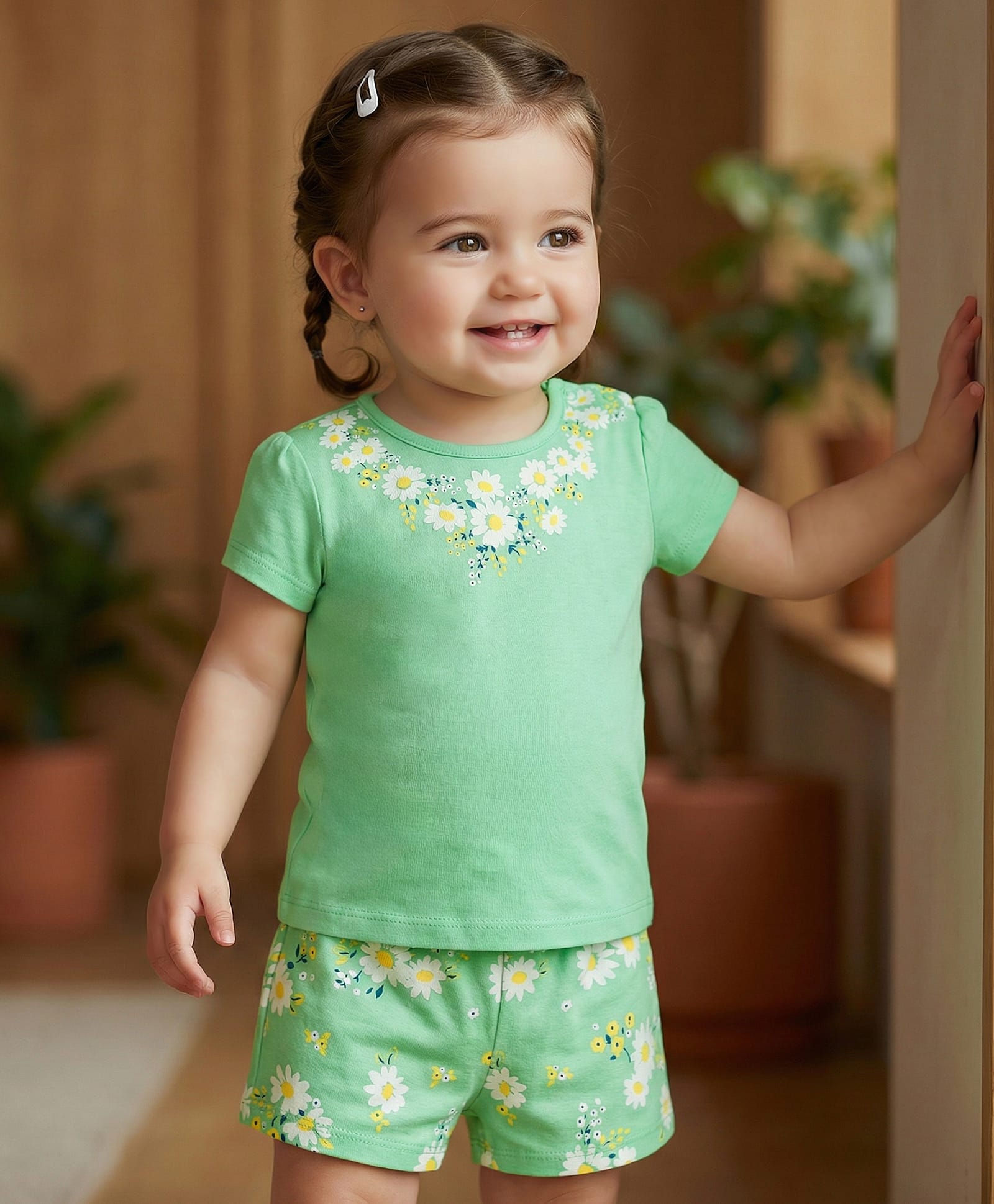Babyoye 100% Cotton Single Jersey Knit Half Sleeves T-Shirt & Shorts Night Suit With Floral Print - Green-picture-6