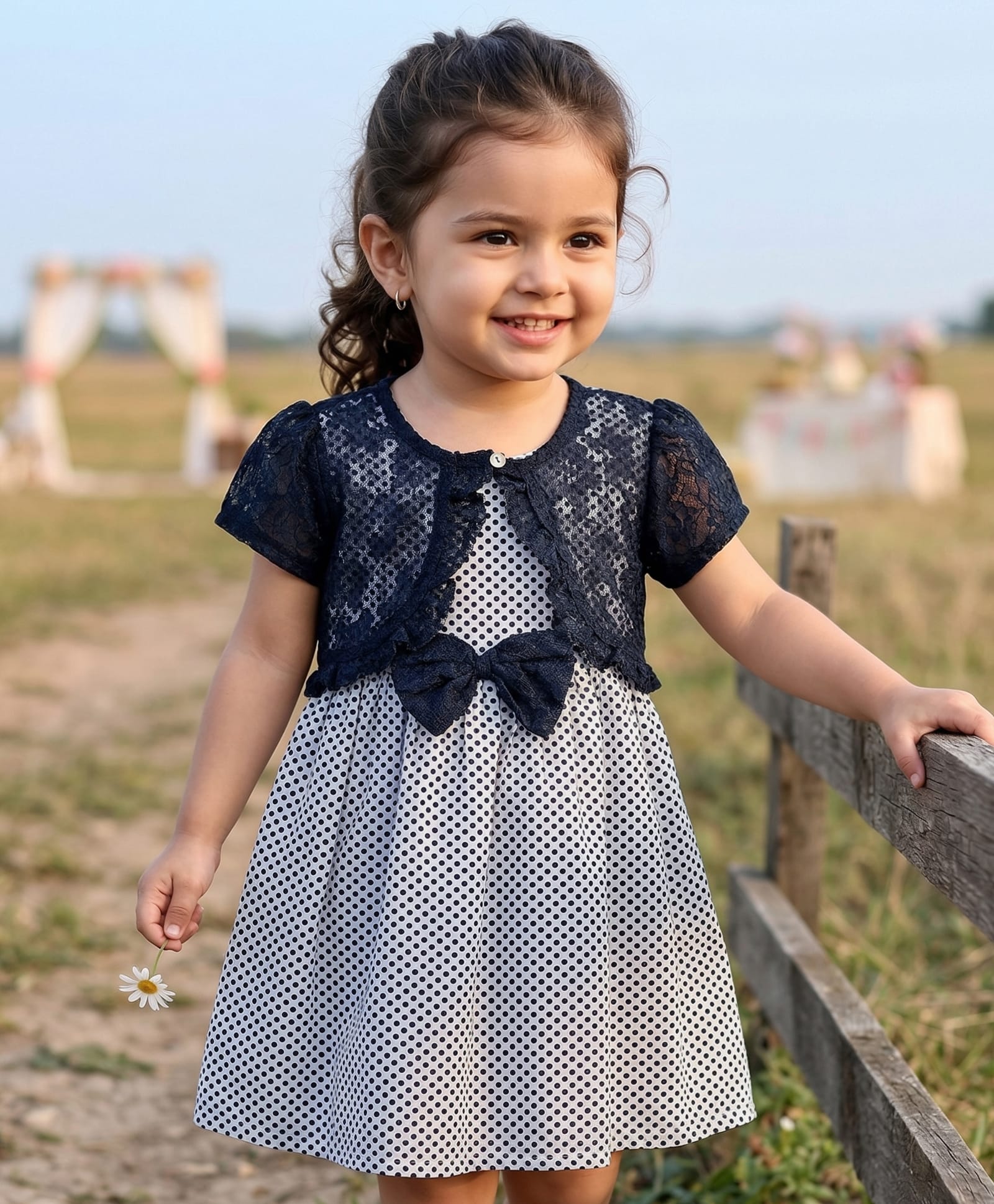 Babyhug Cotton Woven Frock & Half Sleeves Shrug With Polka Dot Print & Bow Applique - Navy Blue-image-19