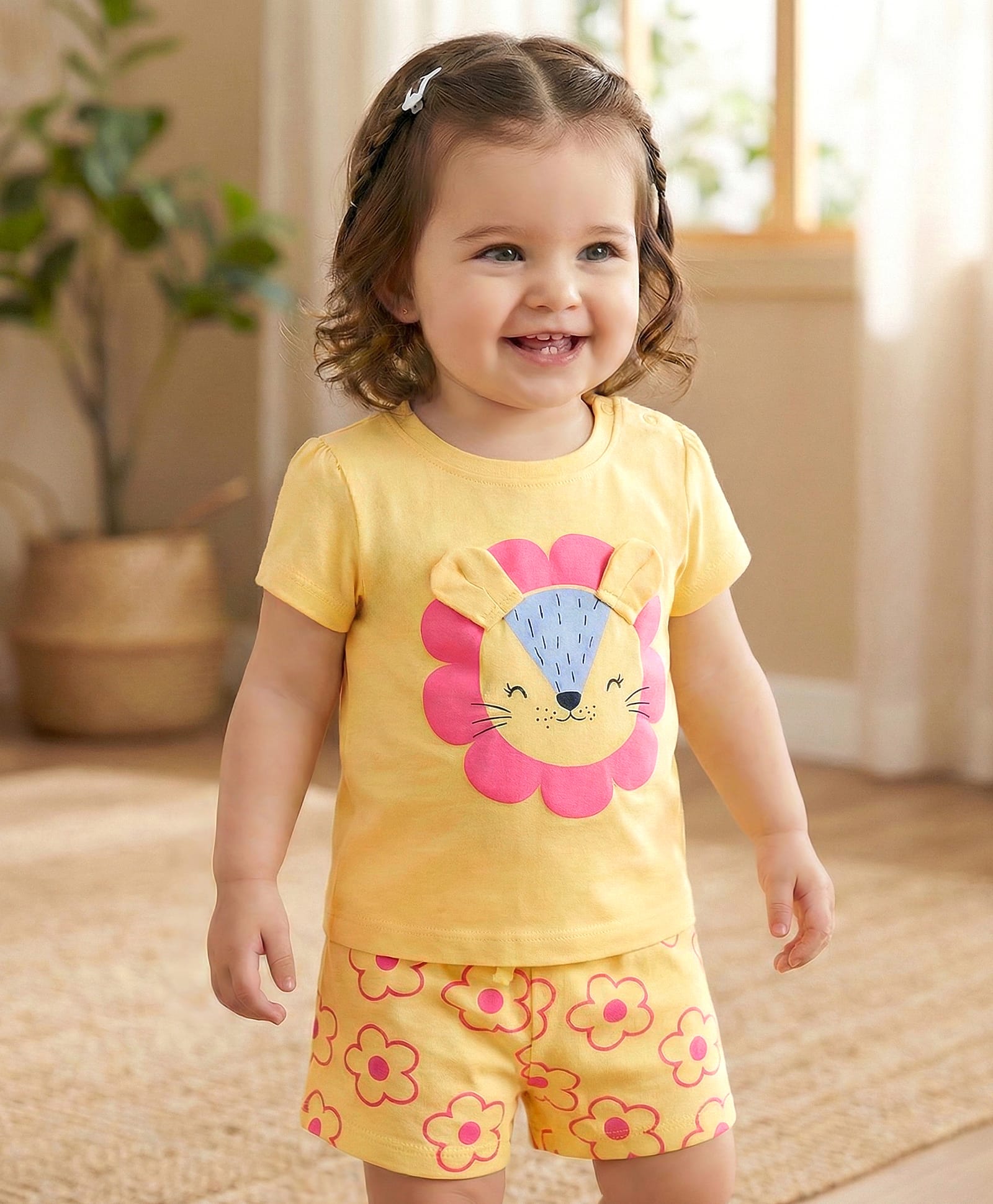 Babyoye 100% Cotton Single Jersey Knit Half Sleeves T-Shirt Short Short Night Suit With Floral Print - Yellow-picture-7